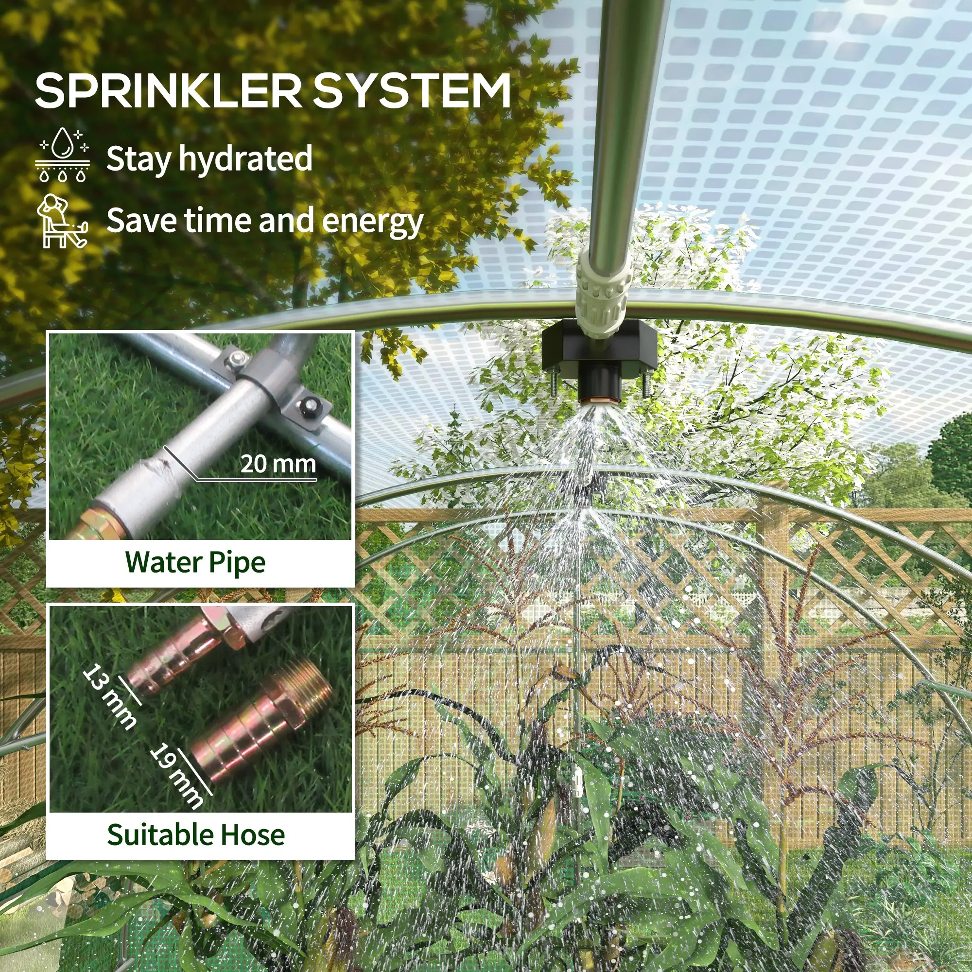 20' x 10' Walk-in Greenhouse, Sprinkler System, Roll-up Door, 12 Mesh Windows, Green - Image 4