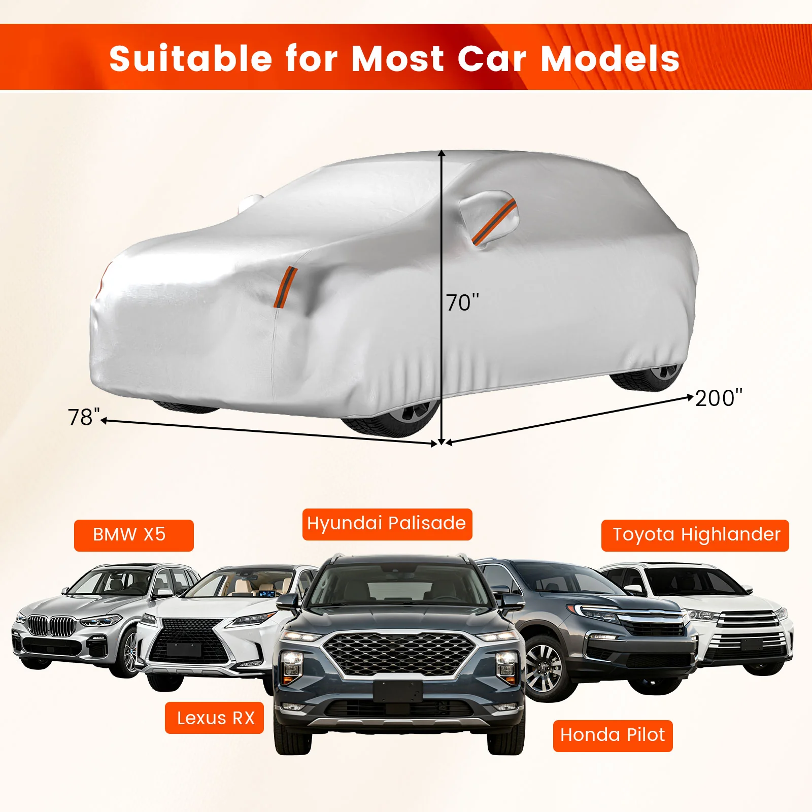 200 Inch Car Cover, Rain Sun UV Protection, Silver - Image 6