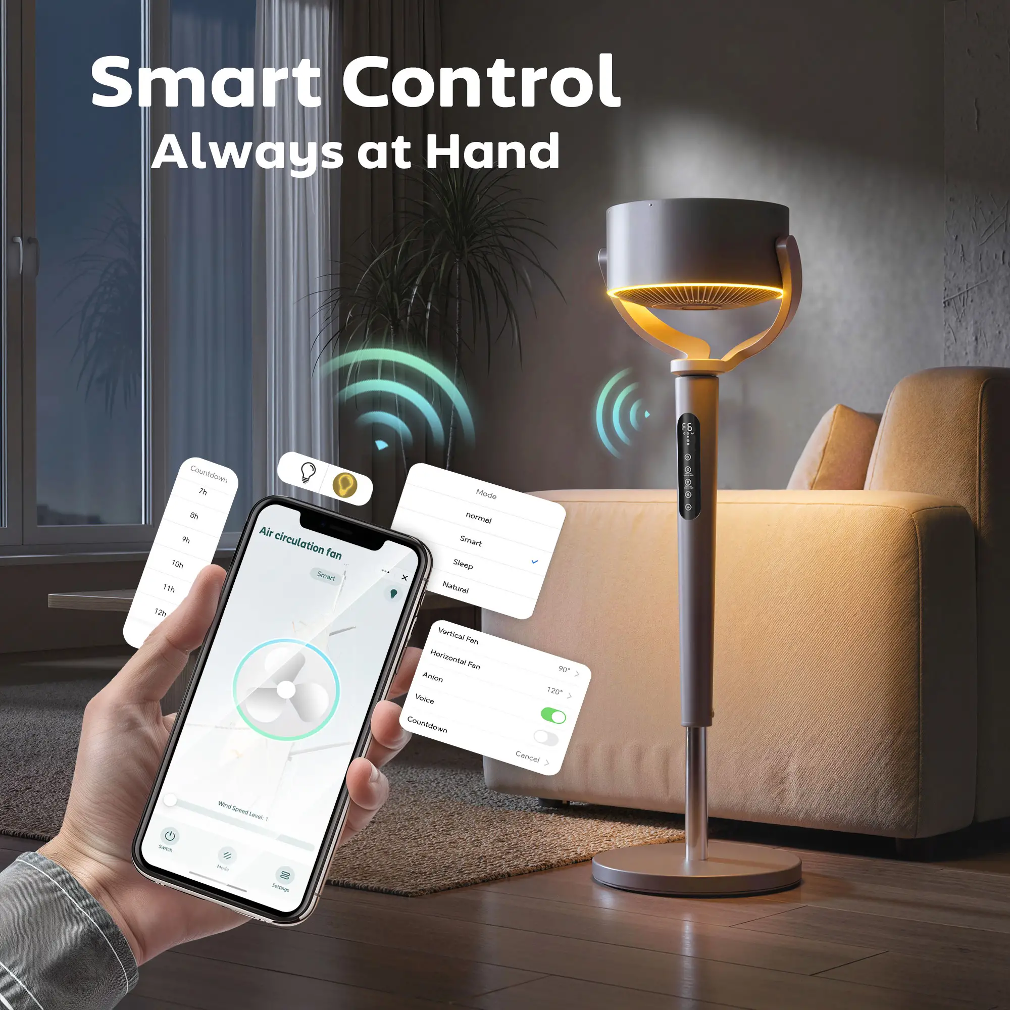 20dB Silent Standing Fan, Oscillating Fan with 12 Speeds, LED Light, WiFi &; Remote Control, 12H Timer - Image 6