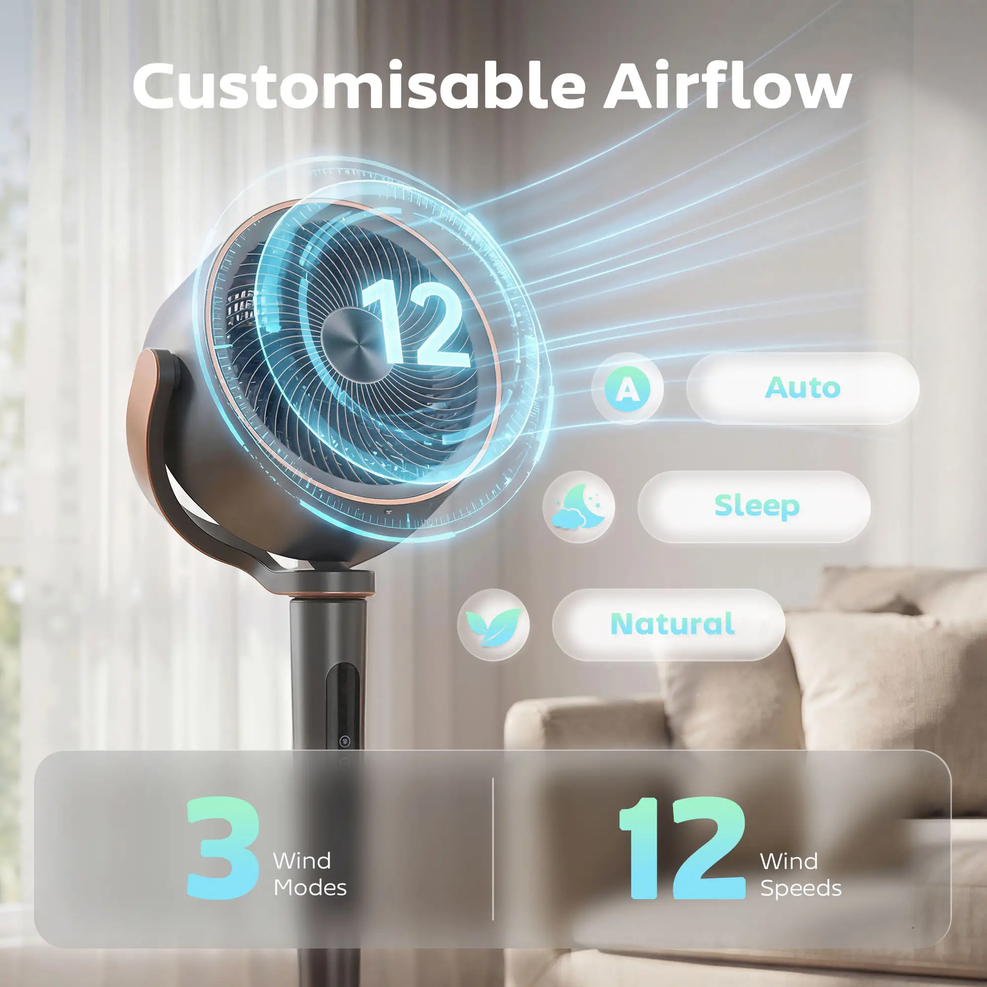 20dB Silent Standing Fan, Oscillating Fan with 12 Speeds, LED Light, WiFi &; Remote Control, 12H Timer - Image 9