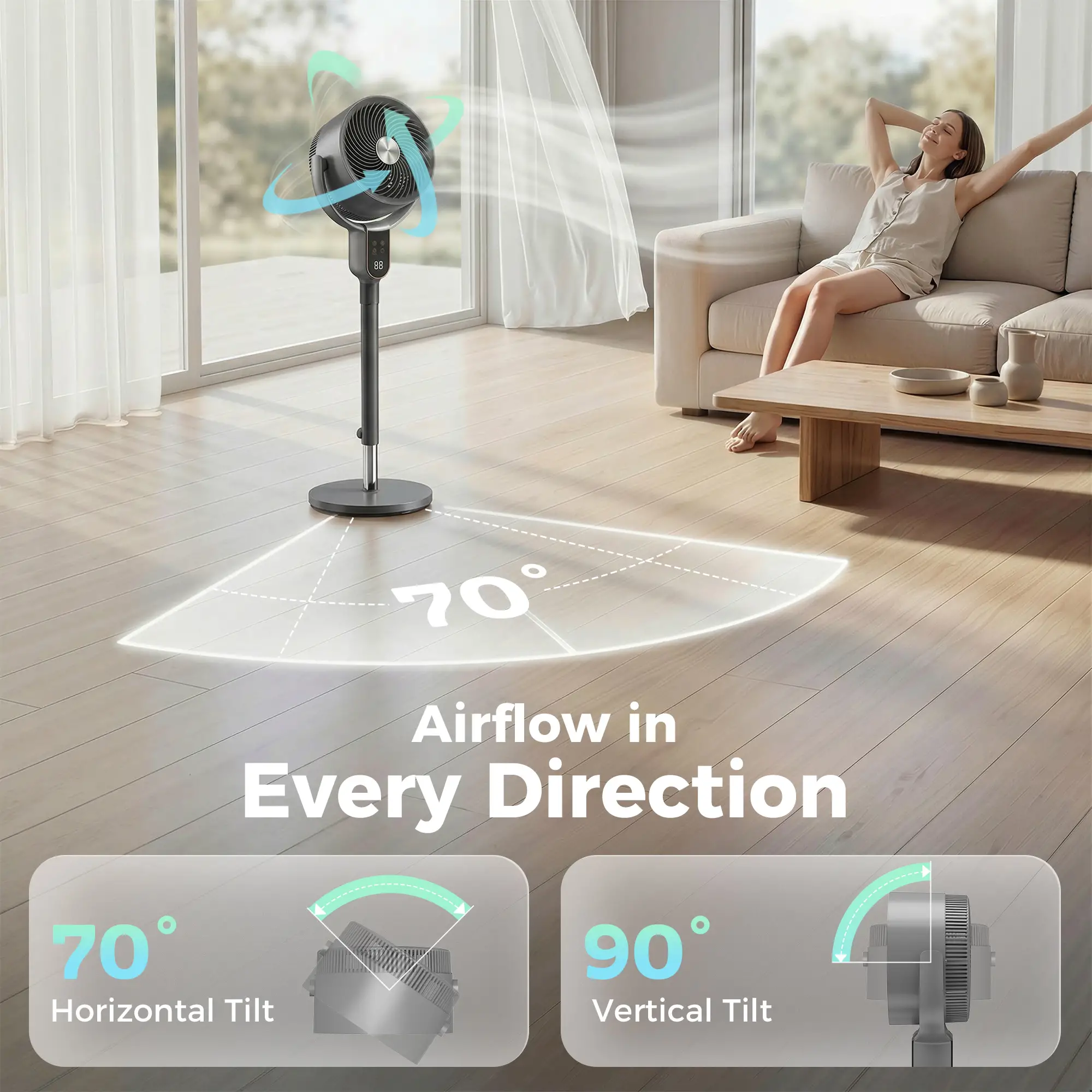 20dB Standing Fan for Bedroom, 70°+90° Auto Oscillating Fan with 8 Speeds, Remote Control, 12H Timer, Adjustable Height - Image 6