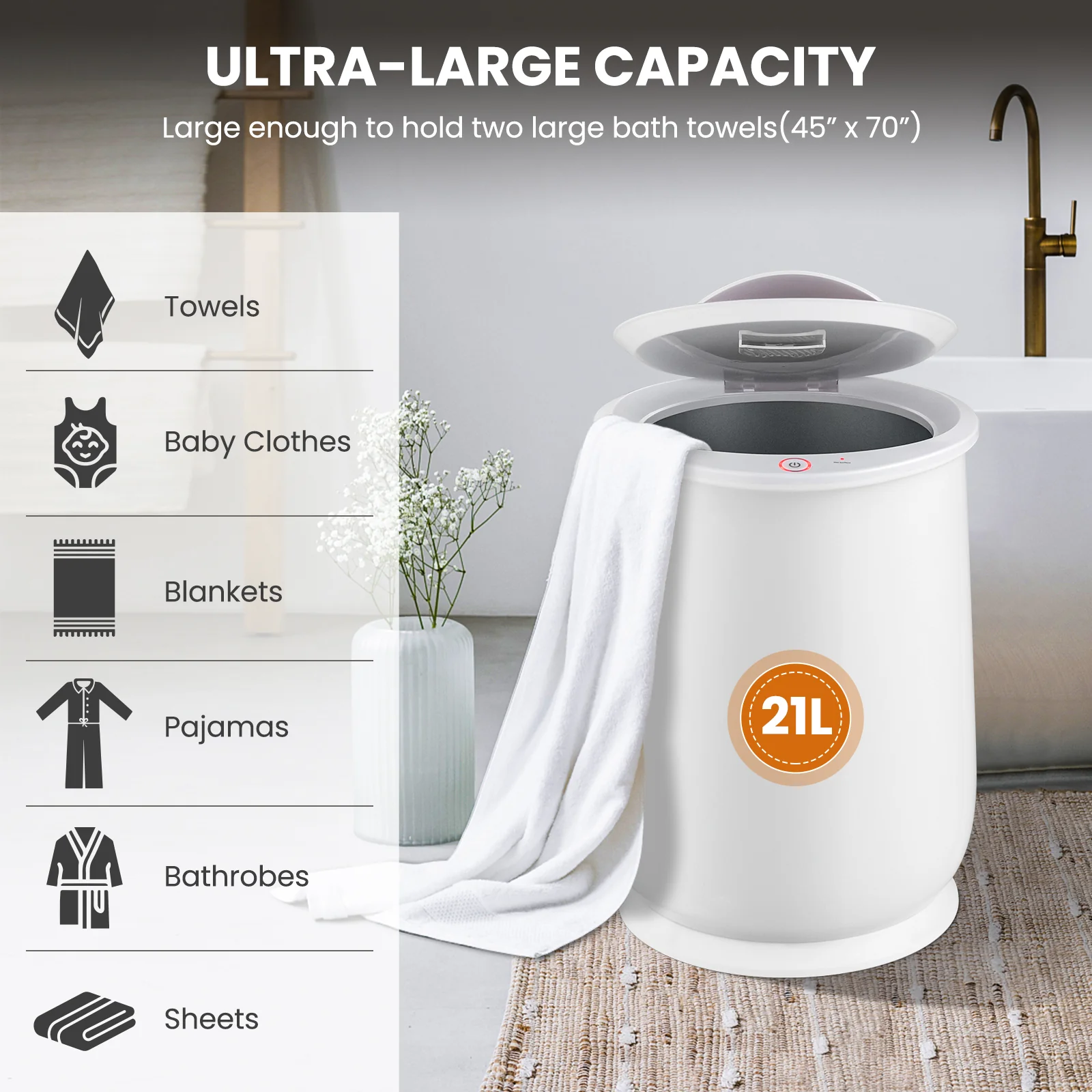 20L Bathroom Towel Warmer, Auto Shut Off, White - Image 6