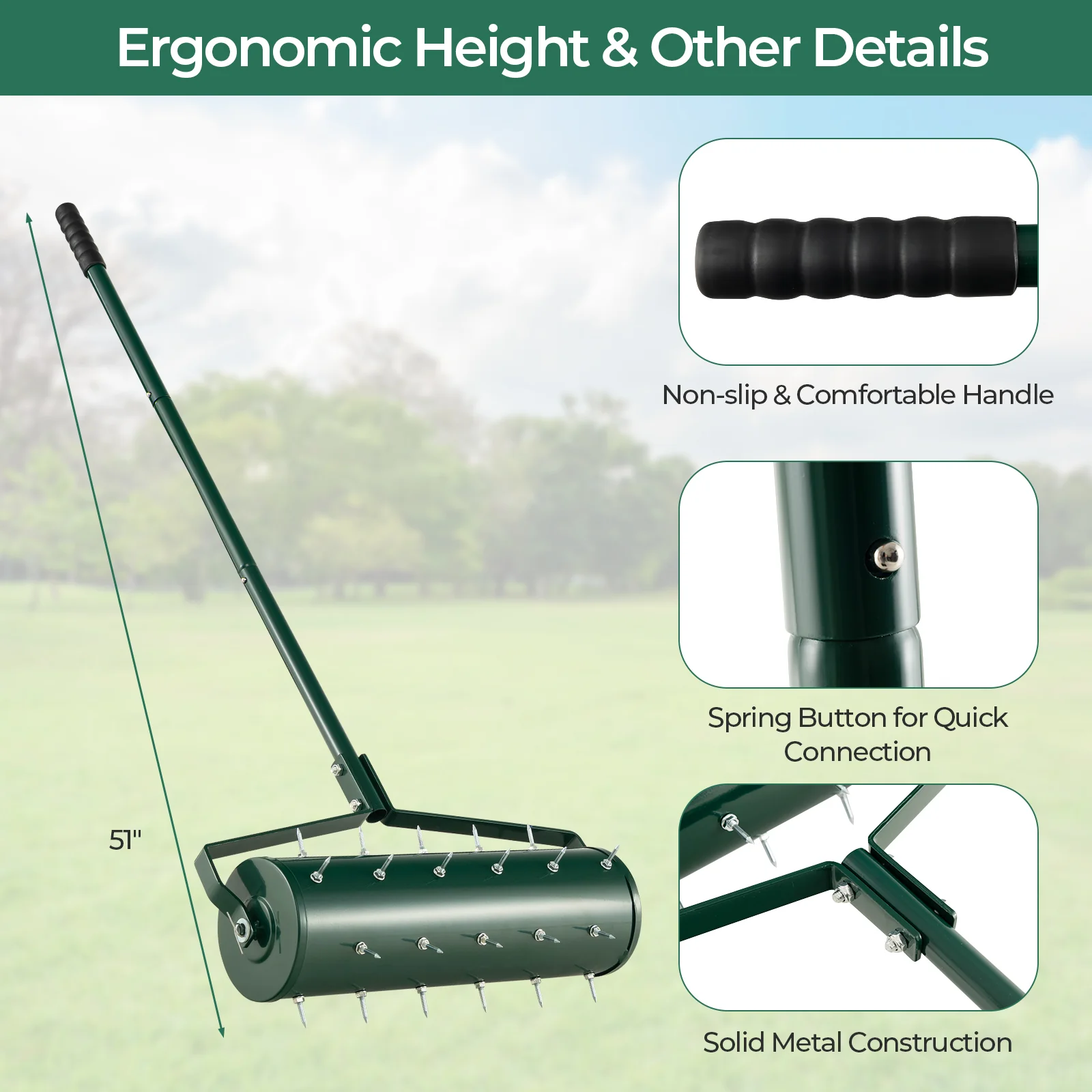 21 Inch Manual Lawn Aerator, Detachable Handle, Green - Image 10