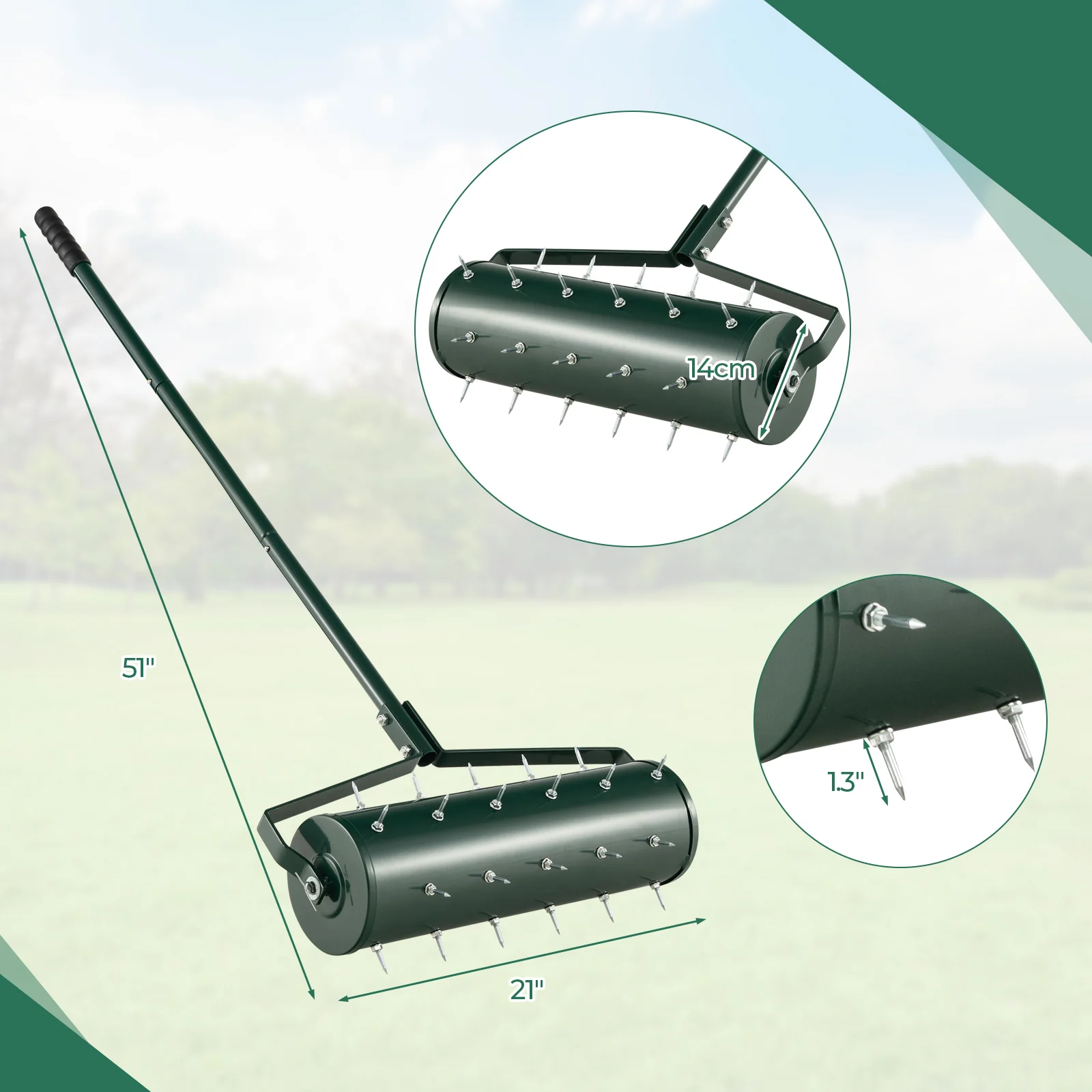21 Inch Manual Lawn Aerator, Detachable Handle, Green - Image 5