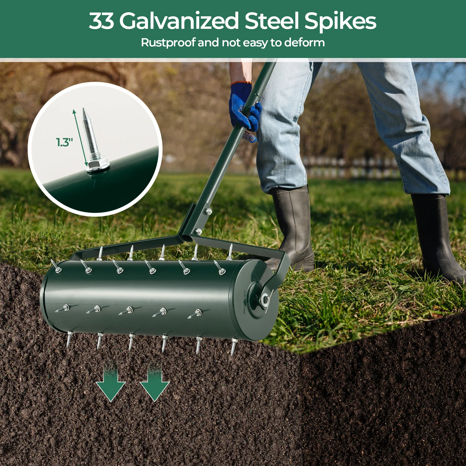 21 Inch Manual Lawn Aerator, Detachable Handle, Green - Image 8
