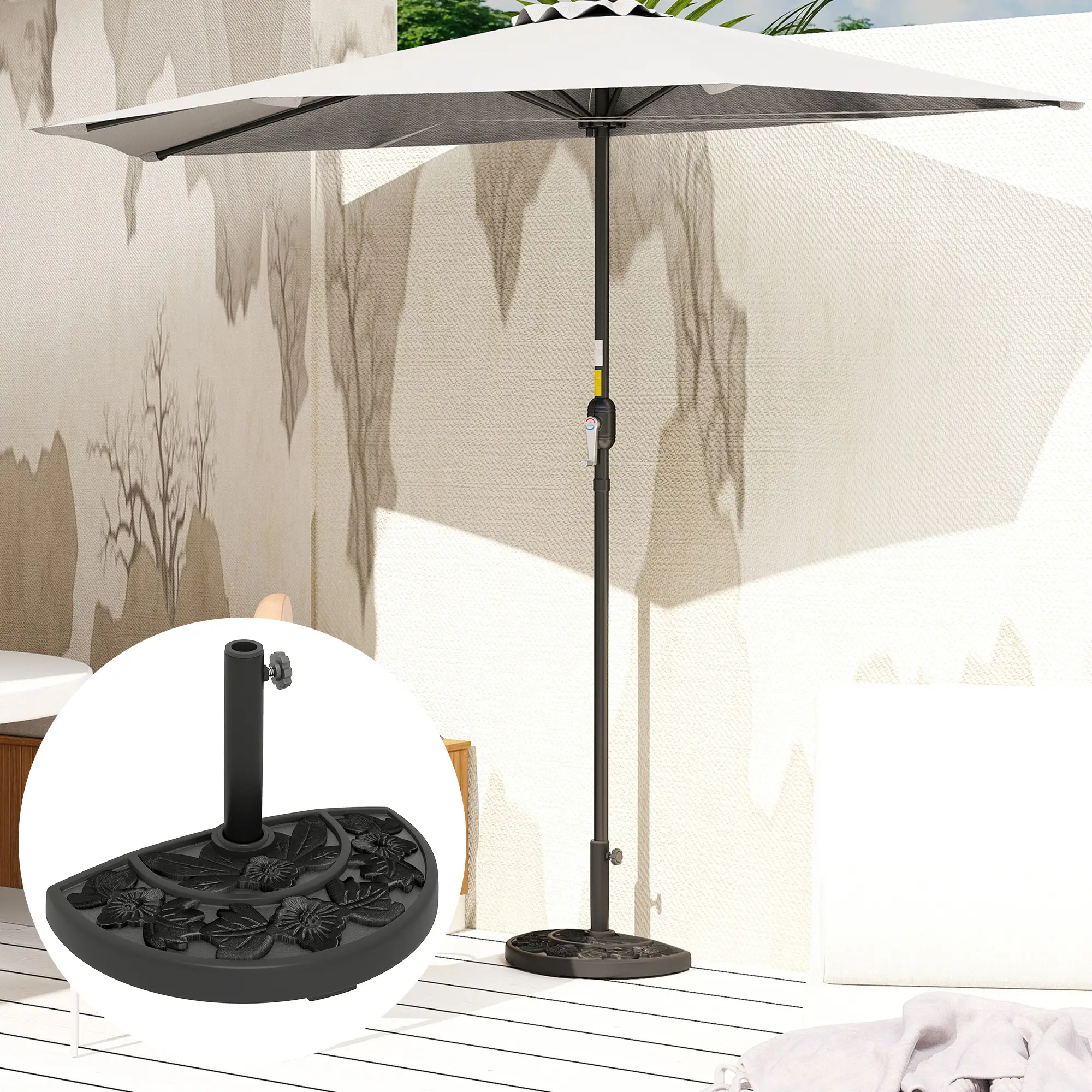 21 lbs Concrete Half Umbrella Base, Flower-Leaf Design, Black - Image 10