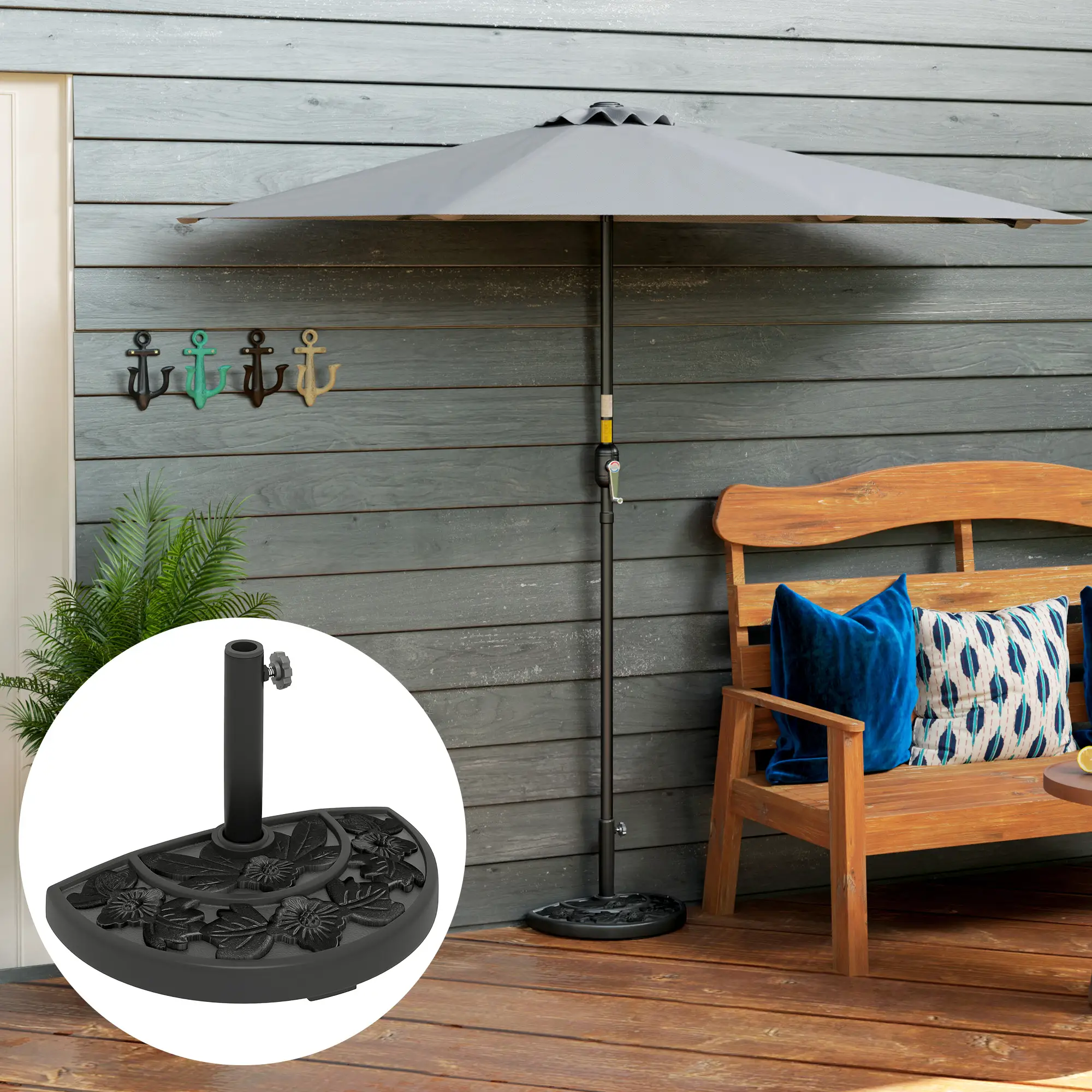 21 lbs Concrete Half Umbrella Base, Flower-Leaf Design, Black - Image 2