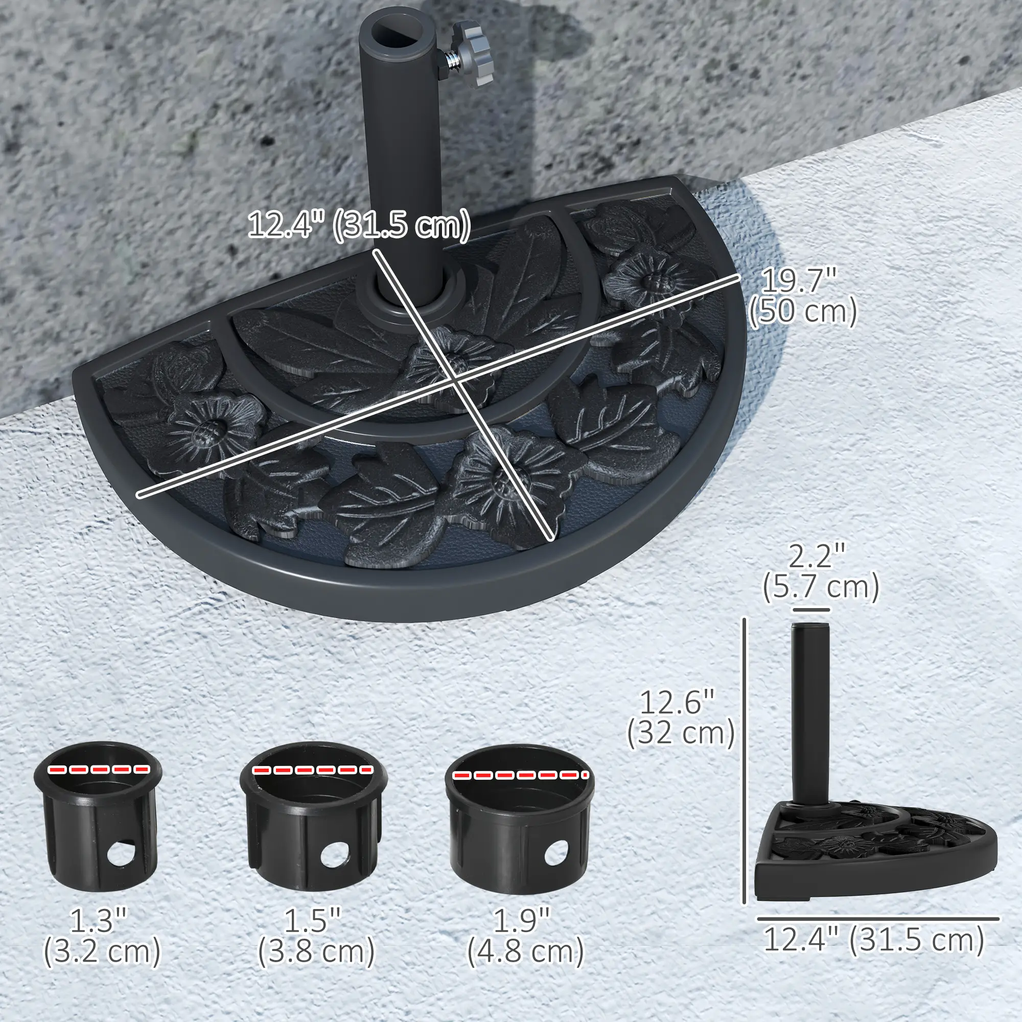 21 lbs Concrete Half Umbrella Base, Flower-Leaf Design, Black - Image 3