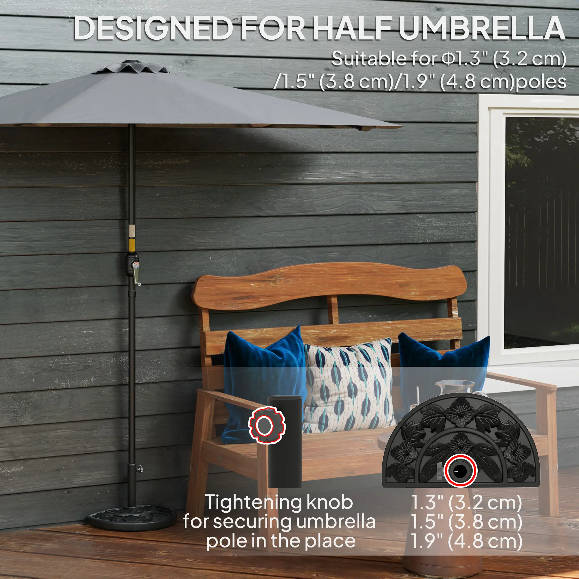 21 lbs Concrete Half Umbrella Base, Flower-Leaf Design, Black - Image 4