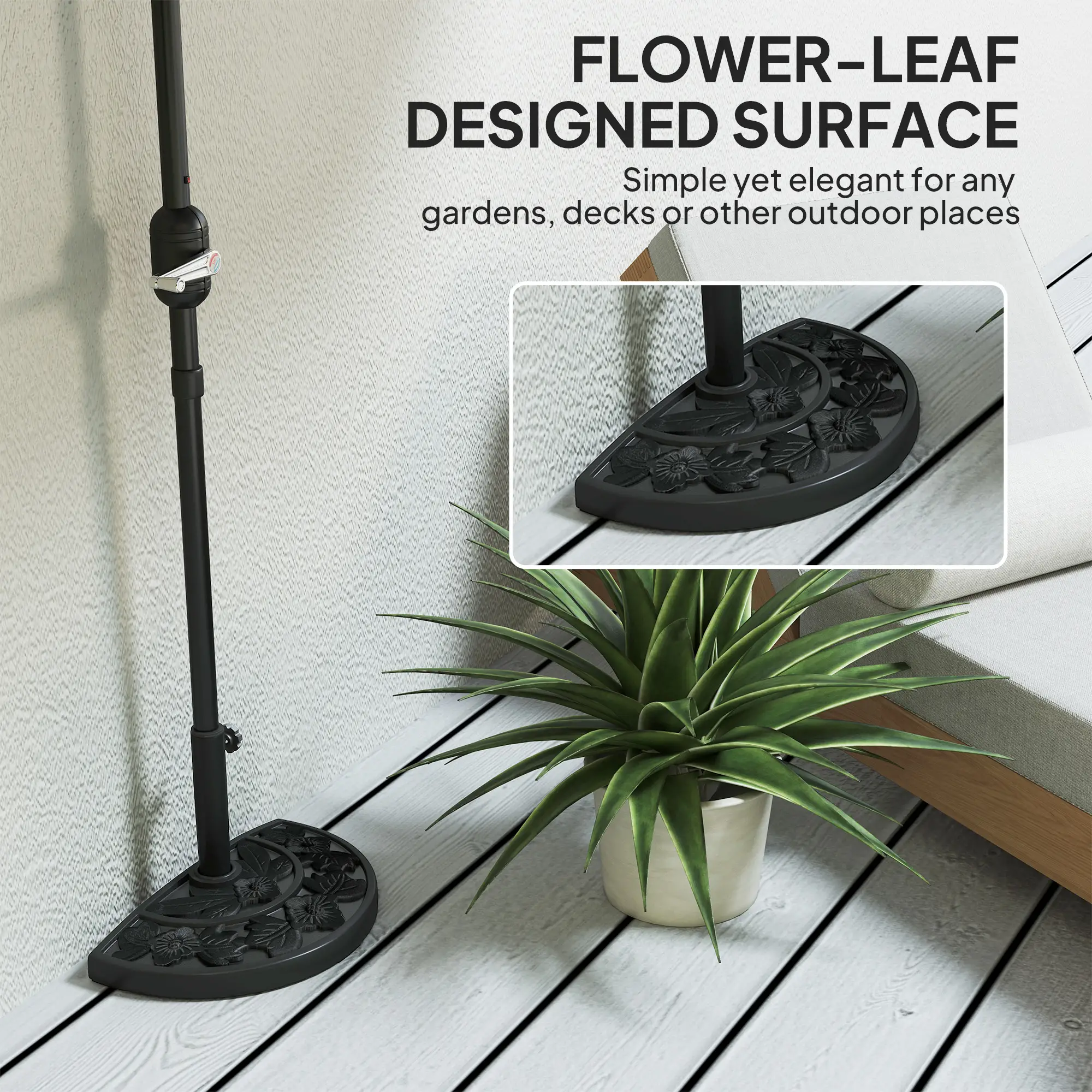 21 lbs Concrete Half Umbrella Base, Flower-Leaf Design, Black - Image 6