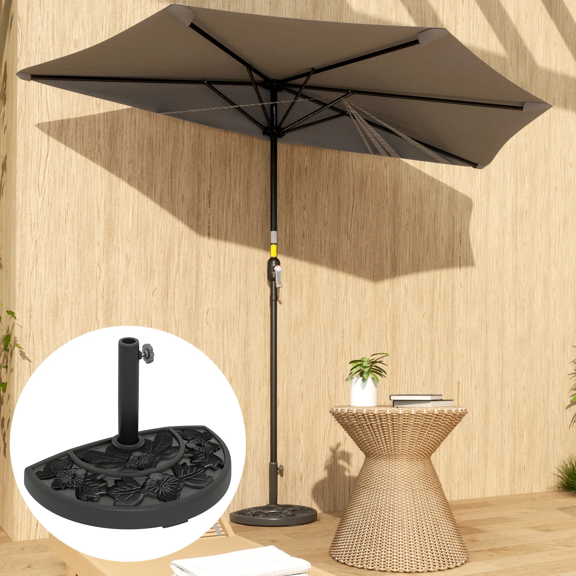 21 lbs Concrete Half Umbrella Base, Flower-Leaf Design, Black - Image 7