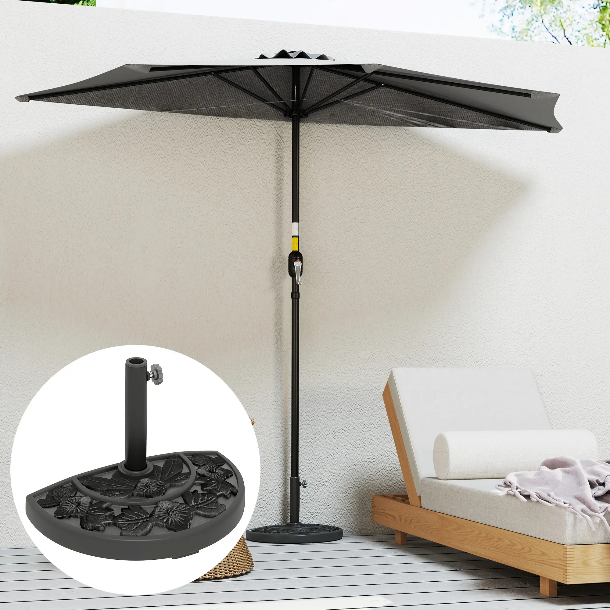 21 lbs Concrete Half Umbrella Base, Flower-Leaf Design, Black - Image 8