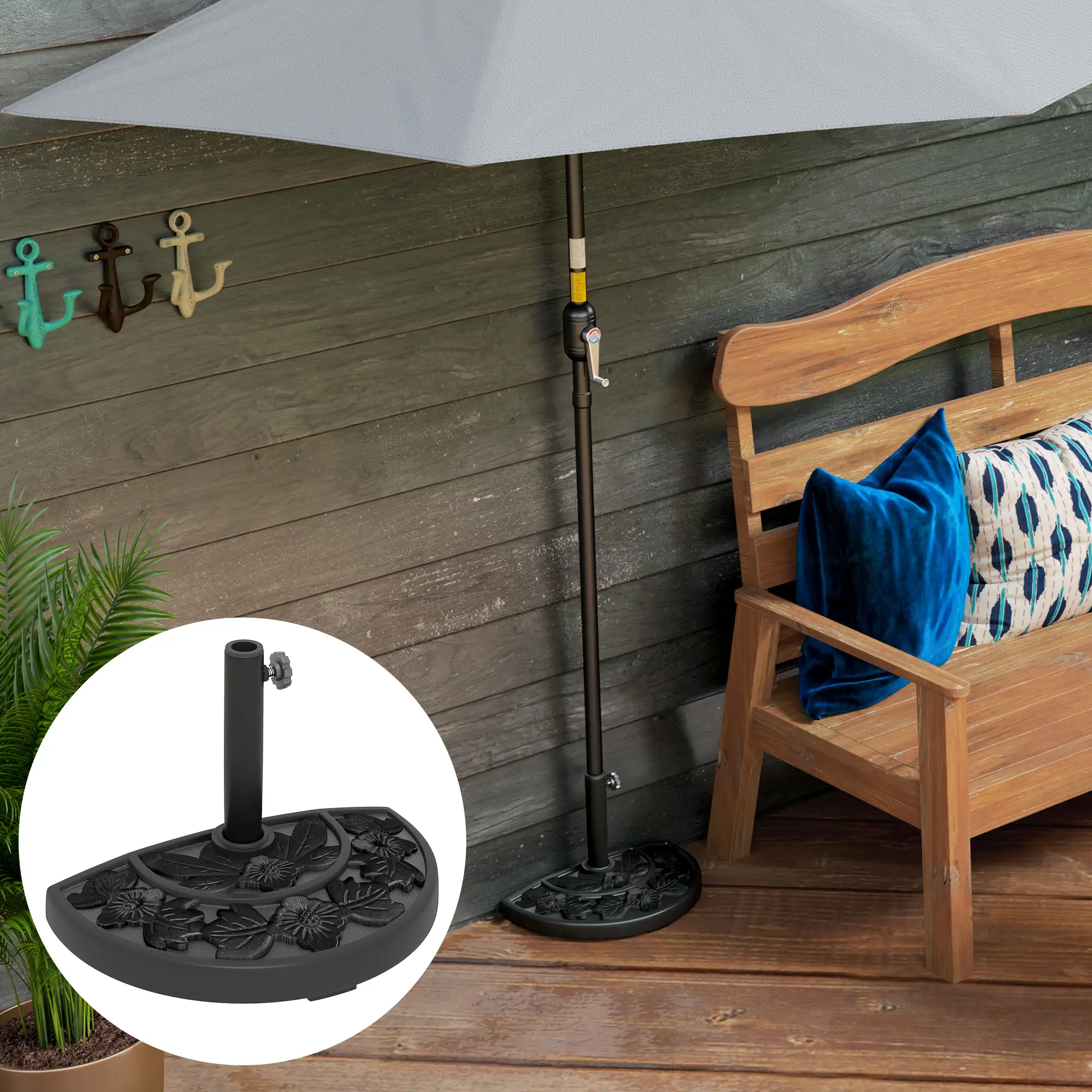 21 lbs Concrete Half Umbrella Base, Flower-Leaf Design, Black - Image 9