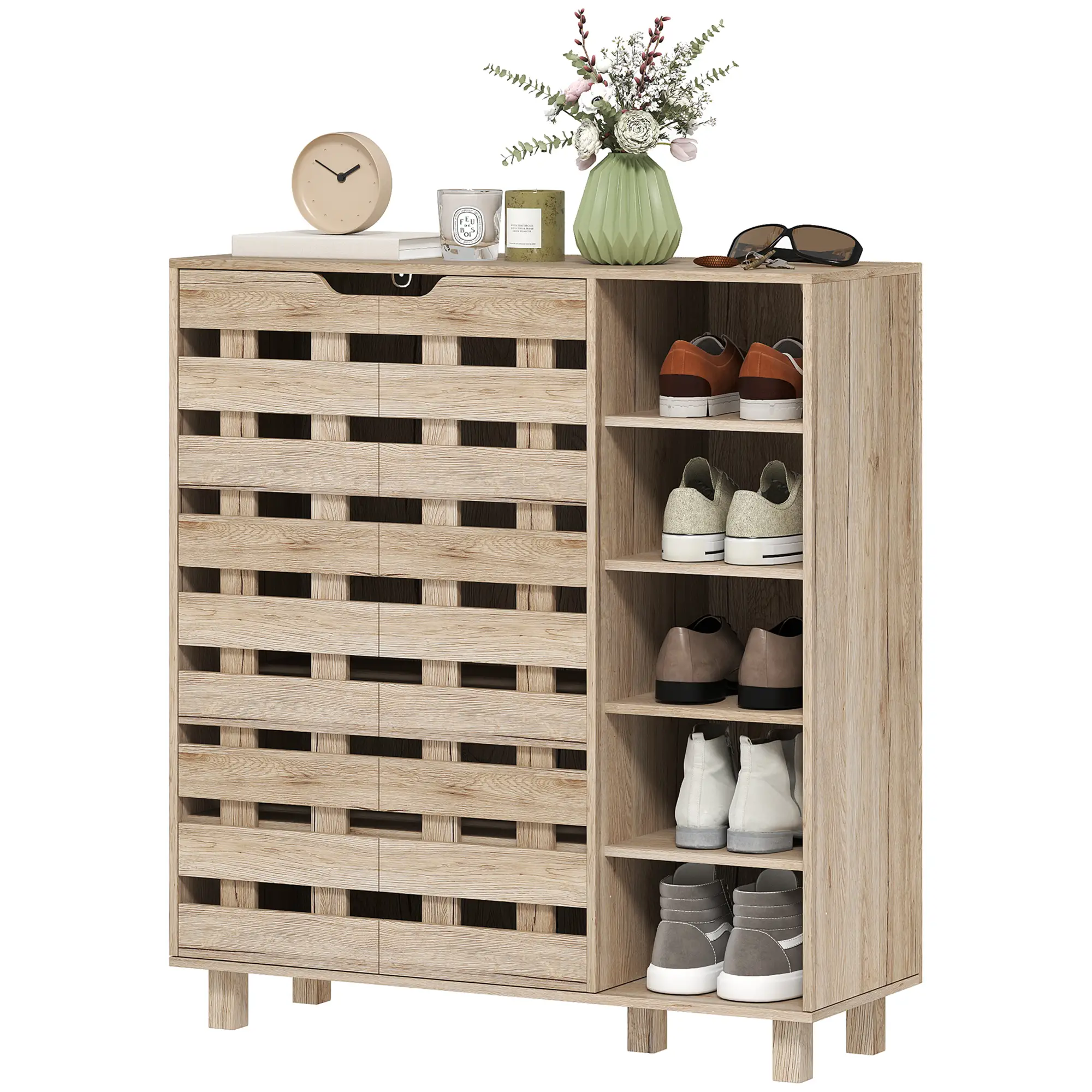 21 Pair Shoe Cabinet, 5-Tier Double Door, 5-Tier Open Shelves, Beige