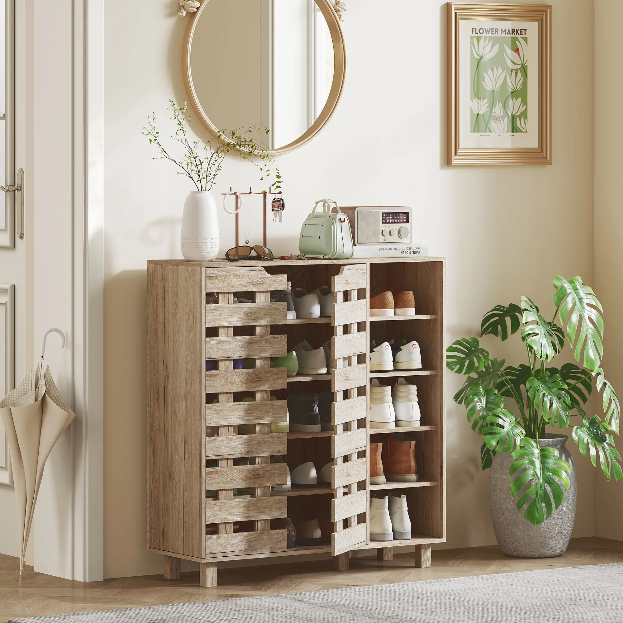 21 Pair Shoe Cabinet, 5-Tier Double Door, 5-Tier Open Shelves, Beige - Image 2