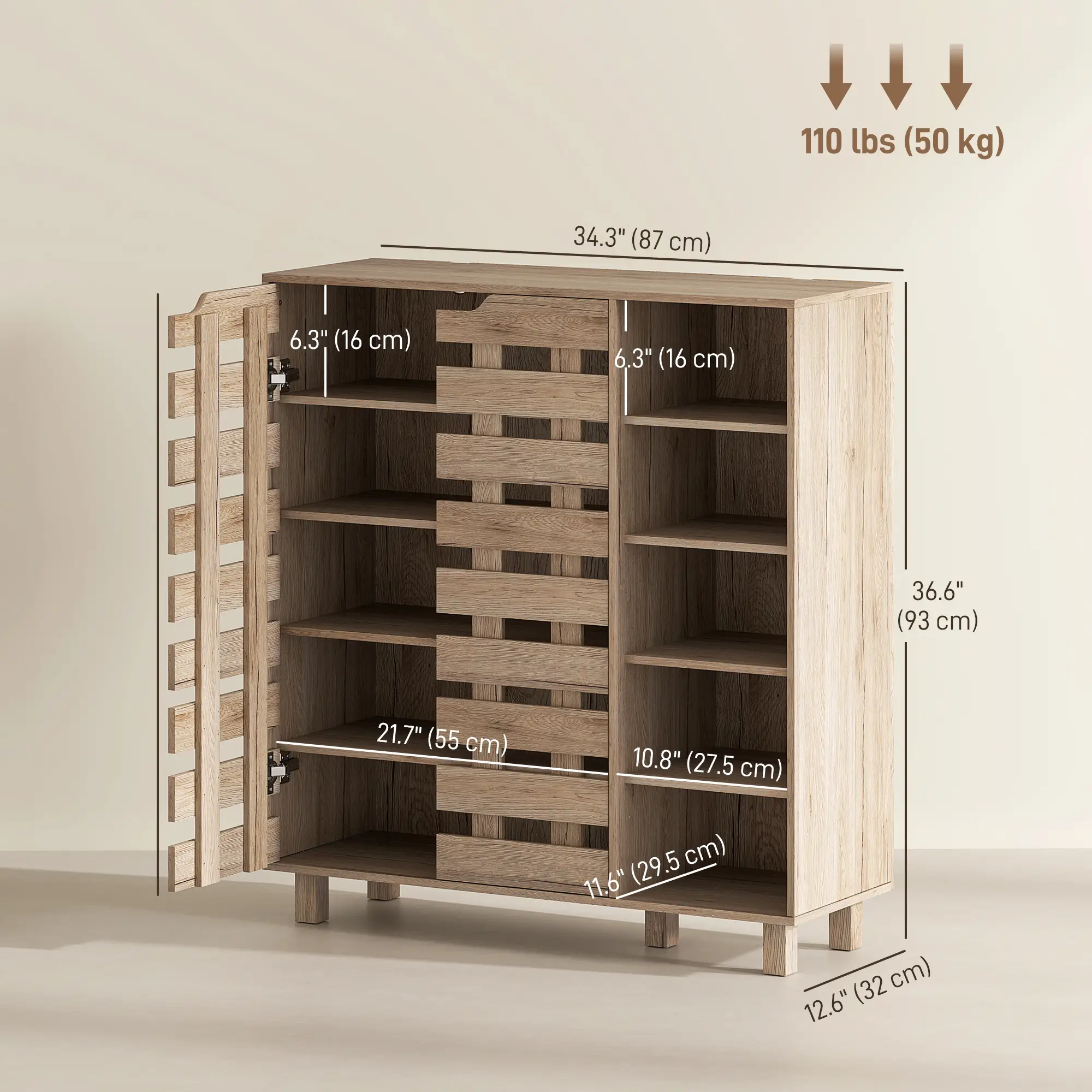 21 Pair Shoe Cabinet, 5-Tier Double Door, 5-Tier Open Shelves, Beige - Image 3