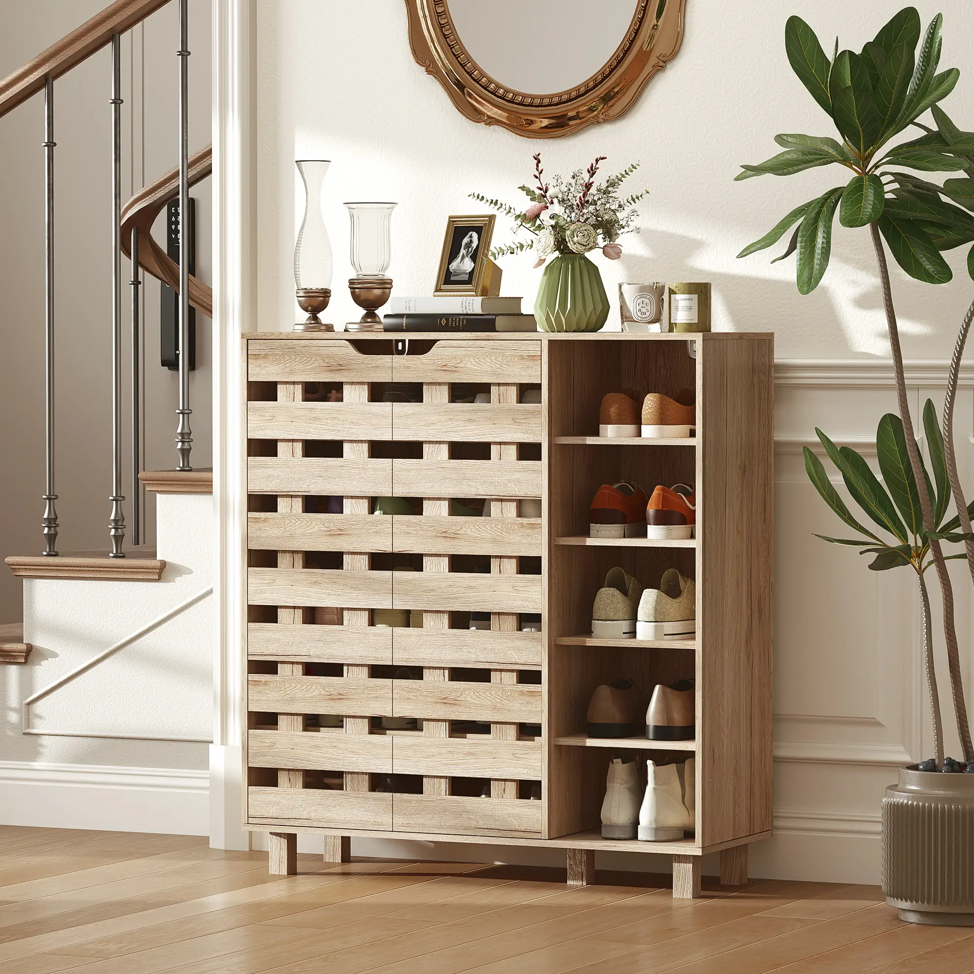 21 Pair Shoe Cabinet, 5-Tier Double Door, 5-Tier Open Shelves, Beige - Image 4