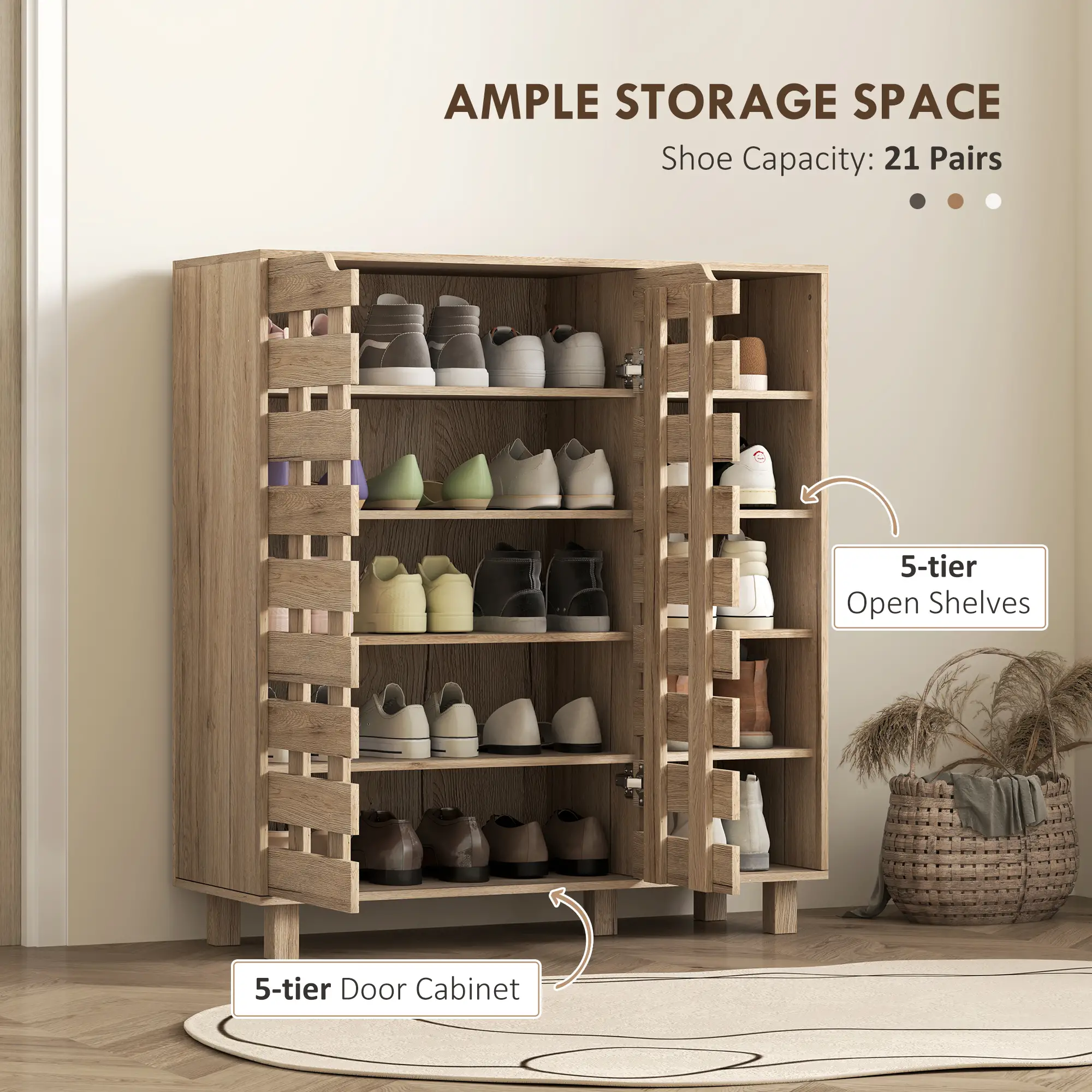 21 Pair Shoe Cabinet, 5-Tier Double Door, 5-Tier Open Shelves, Beige - Image 5