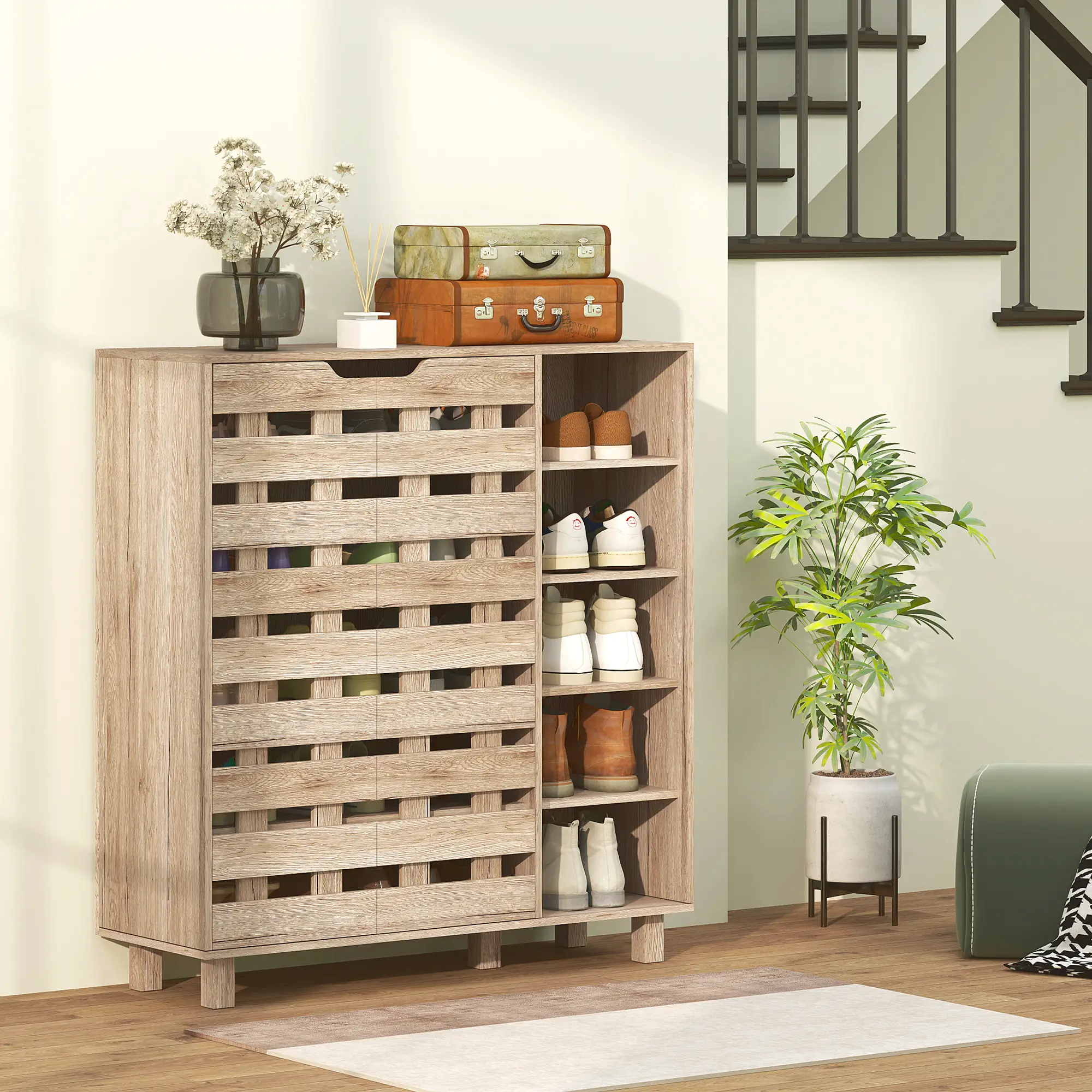 21 Pair Shoe Cabinet, 5-Tier Double Door, 5-Tier Open Shelves, Beige - Image 8