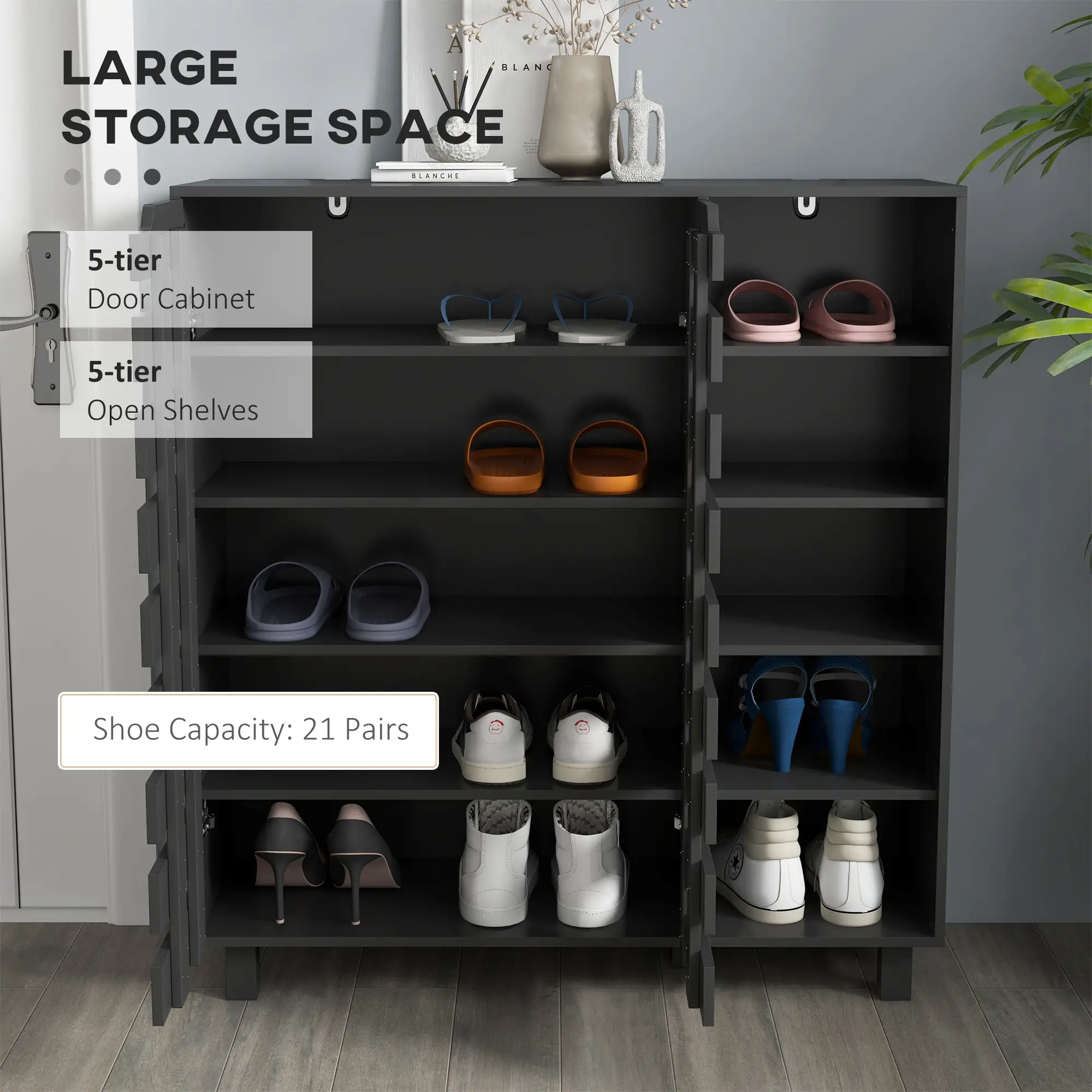 21 Pair Shoe Cabinet, 5-Tier Double Door, 5-Tier Open Shelves, Black - Image 4