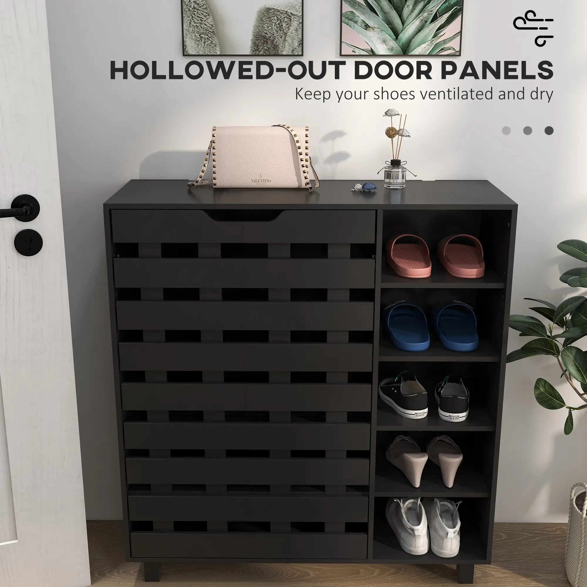 21 Pair Shoe Cabinet, 5-Tier Double Door, 5-Tier Open Shelves, Black - Image 7