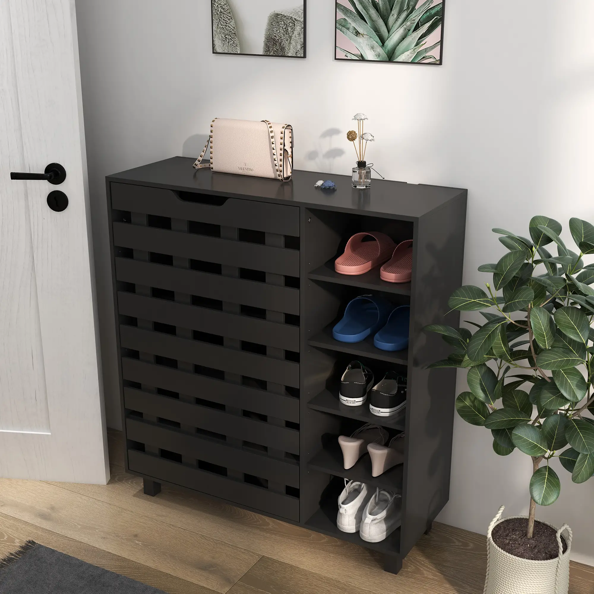 21 Pair Shoe Cabinet, 5-Tier Double Door, 5-Tier Open Shelves, Black - Image 8