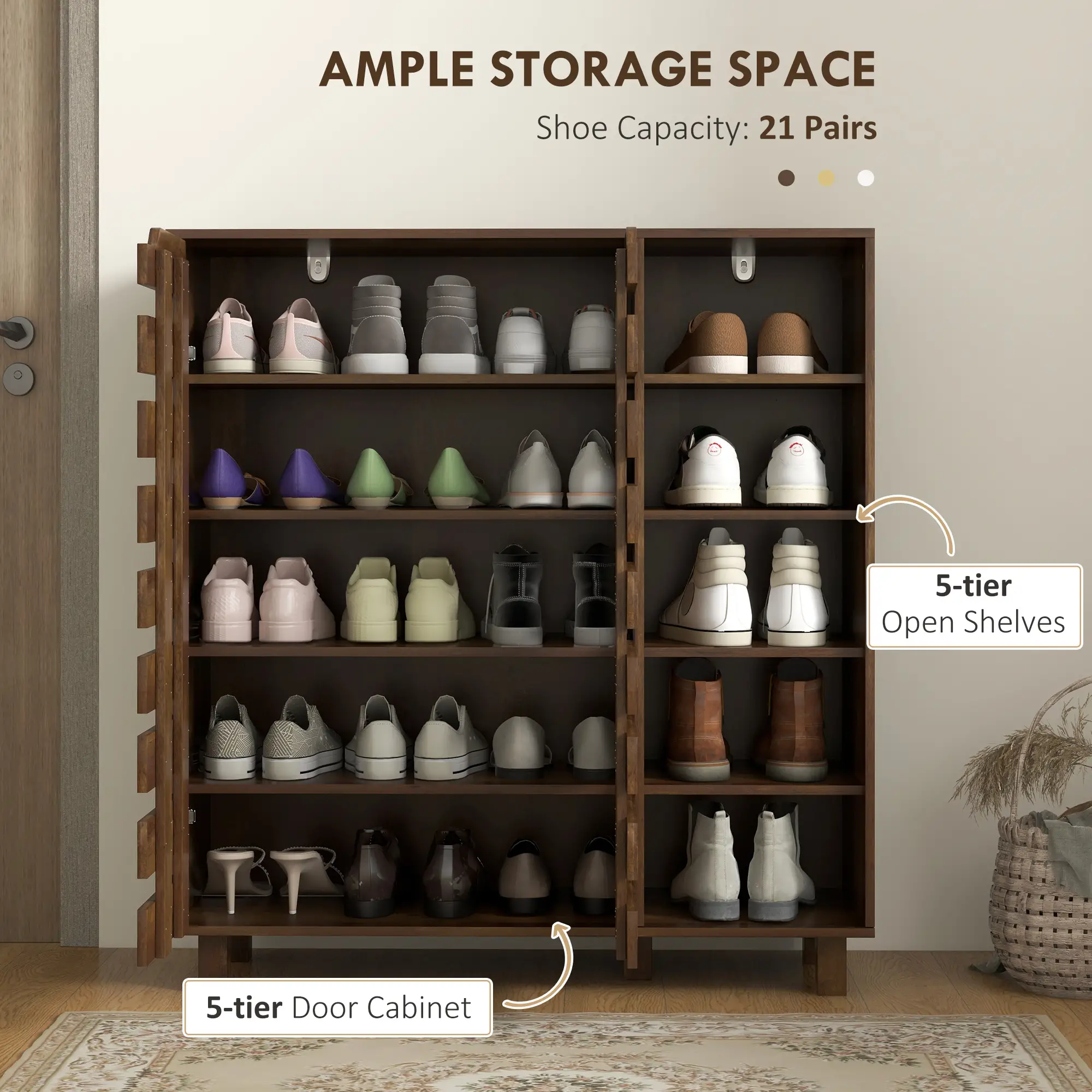21 Pair Shoe Cabinet, 5-Tier Double Door, 5-Tier Open Shelves, Brown - Image 4