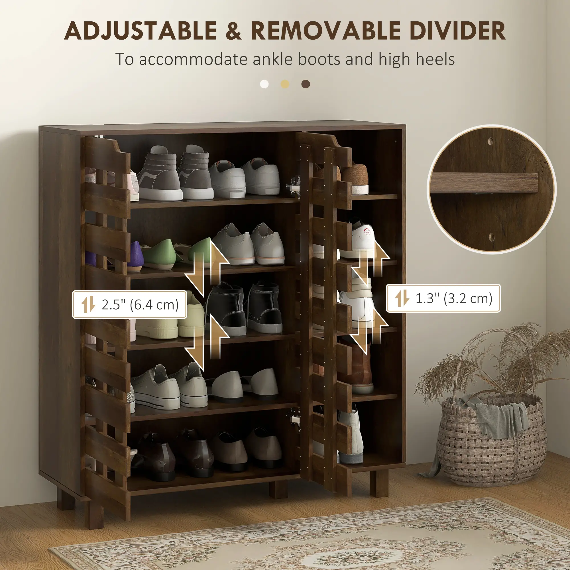 21 Pair Shoe Cabinet, 5-Tier Double Door, 5-Tier Open Shelves, Brown - Image 5