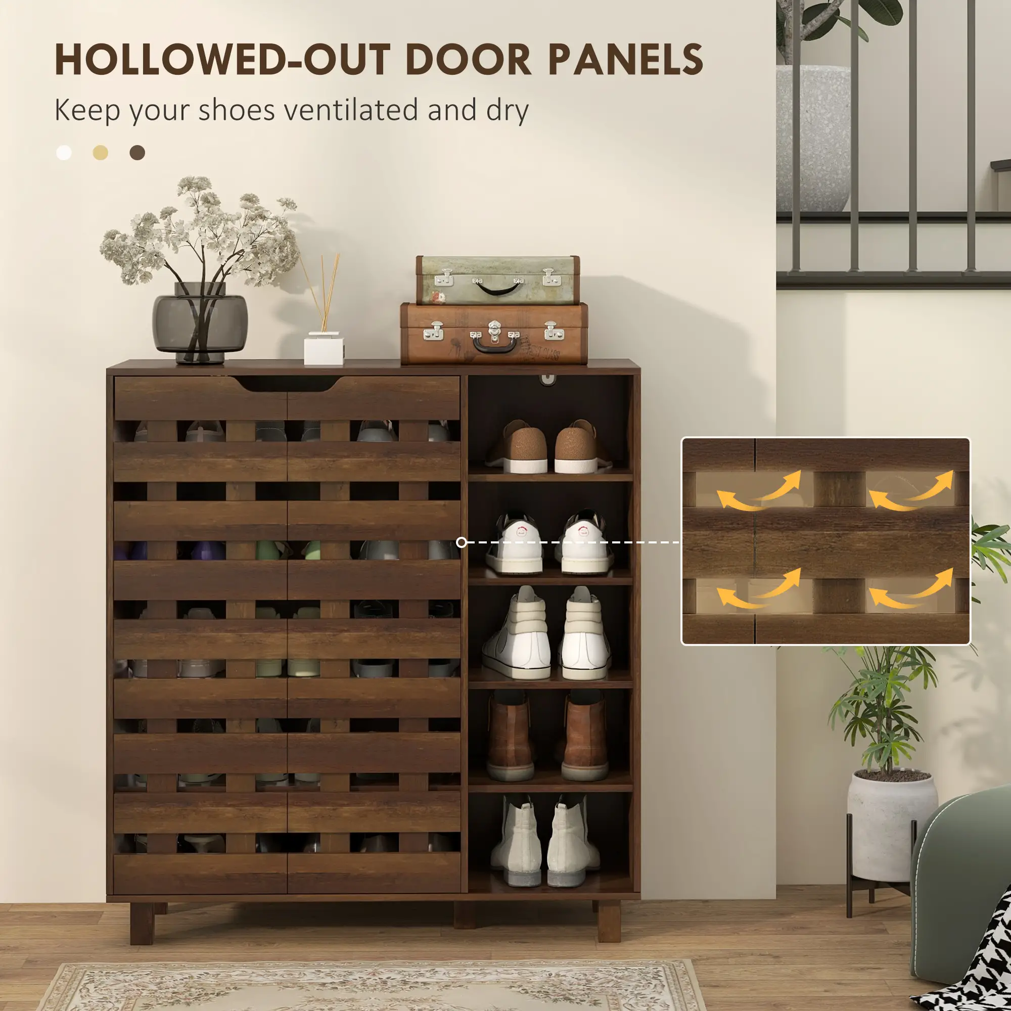 21 Pair Shoe Cabinet, 5-Tier Double Door, 5-Tier Open Shelves, Brown - Image 7