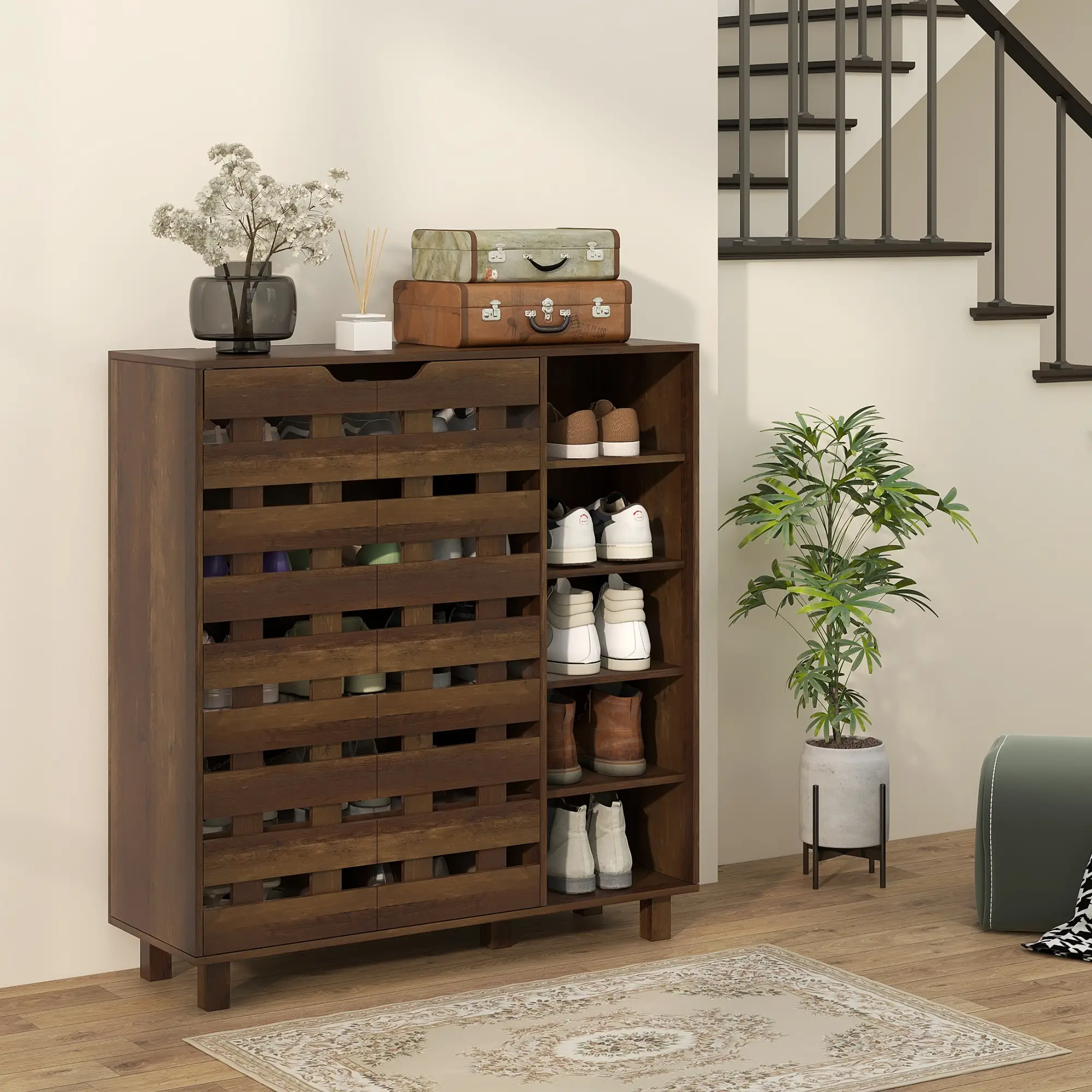 21 Pair Shoe Cabinet, 5-Tier Double Door, 5-Tier Open Shelves, Brown - Image 8