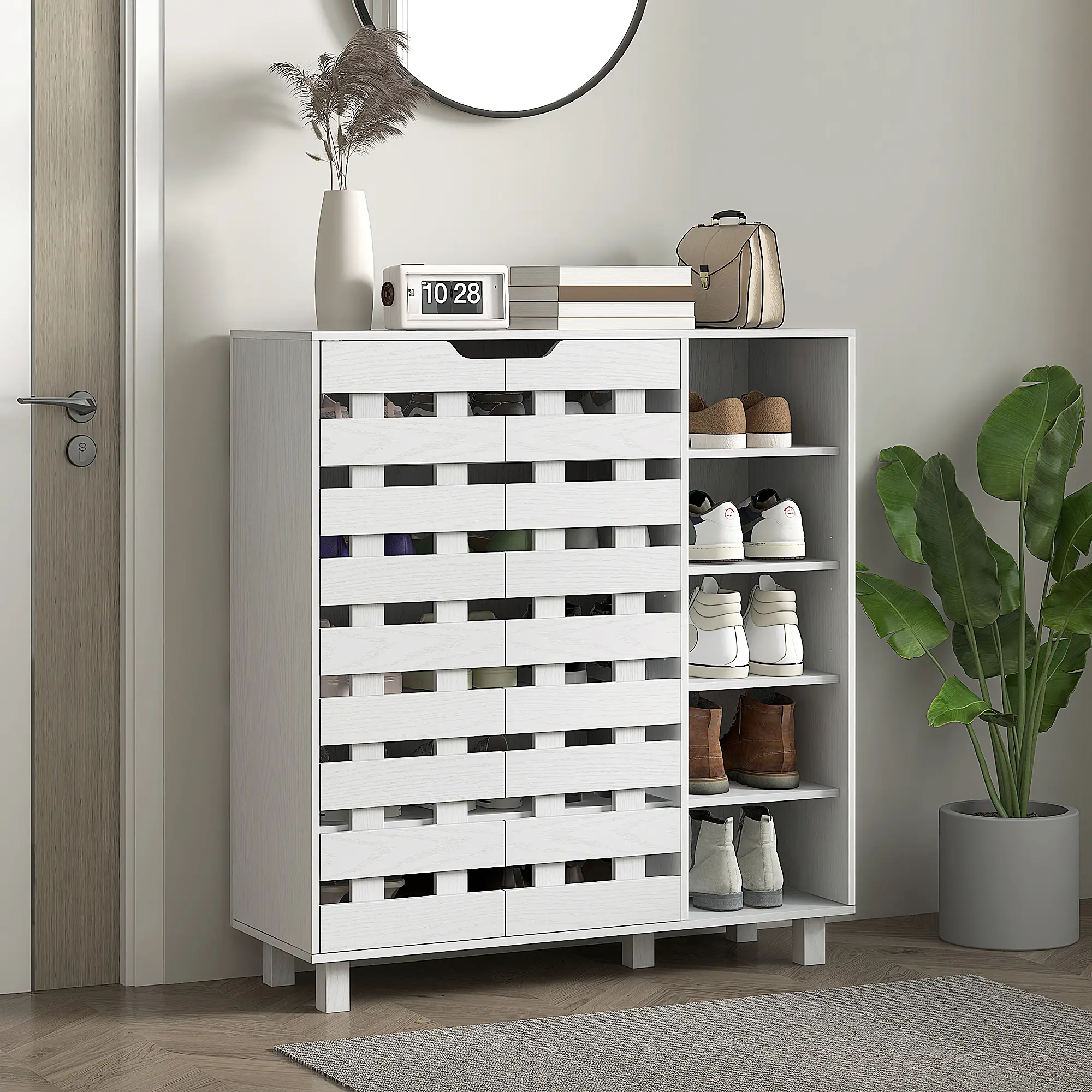 21 Pair Shoe Cabinet, 5-Tier Double Door Cupboard, White - Image 2