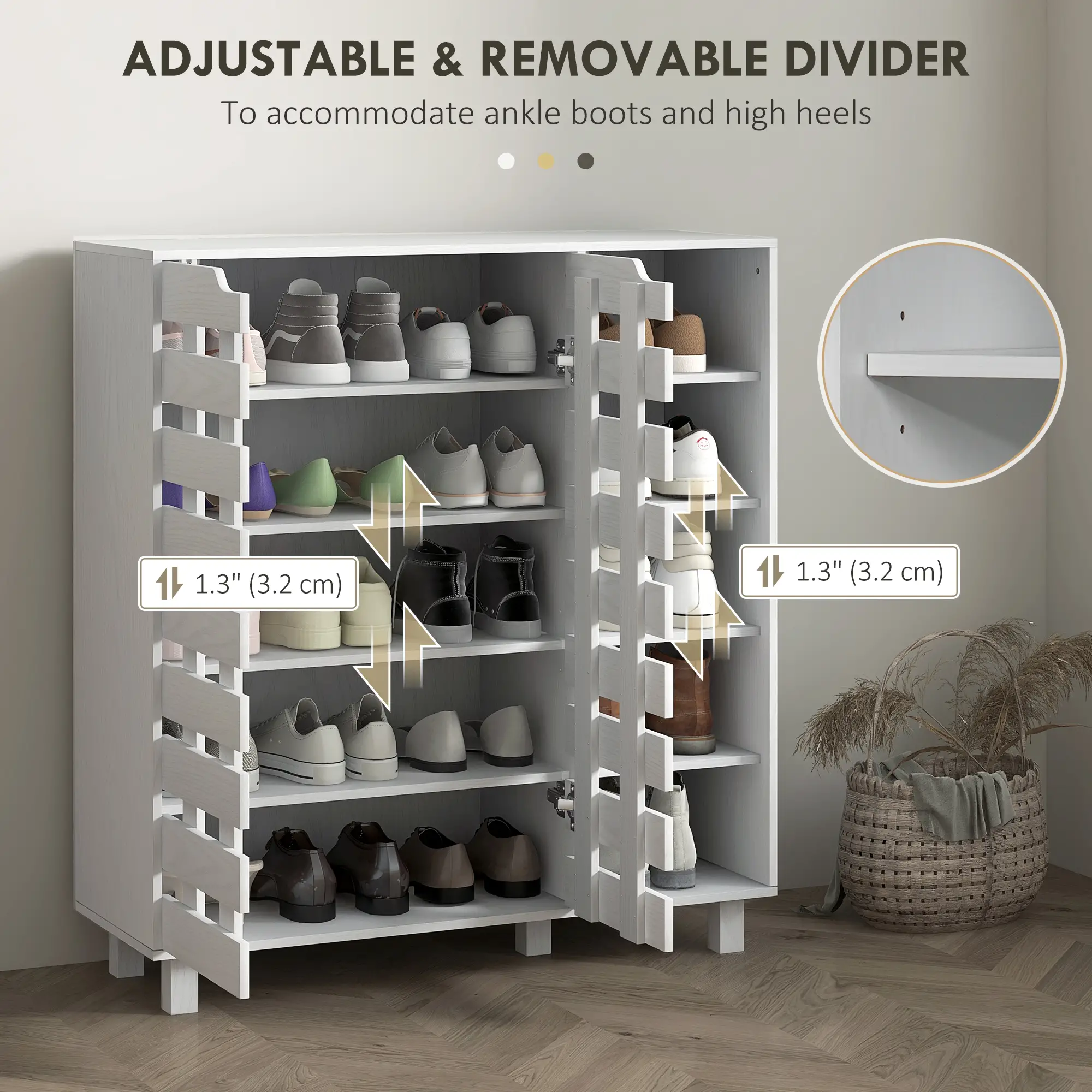 21 Pair Shoe Cabinet, 5-Tier Double Door Cupboard, White - Image 5