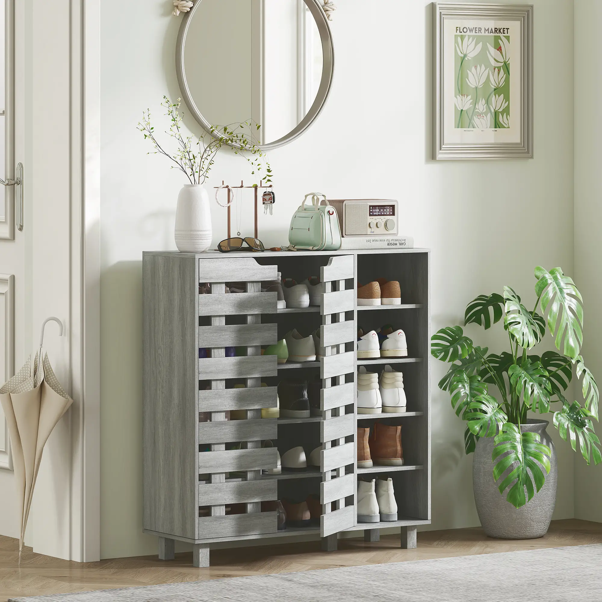 21 Pair Shoe Cabinet, 5-Tier Double Door, Light Grey - Image 2