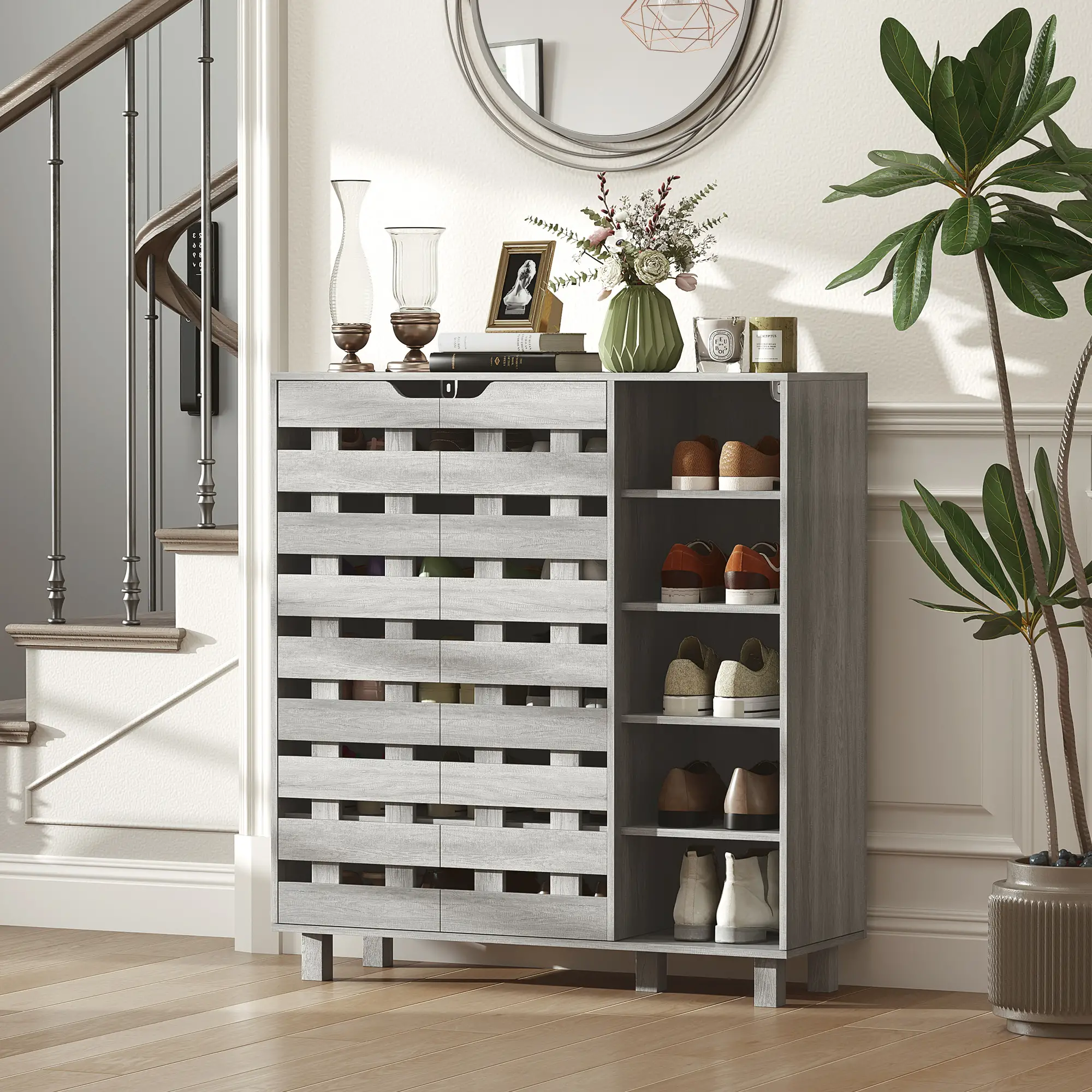 21 Pair Shoe Cabinet, 5-Tier Double Door, Light Grey - Image 4