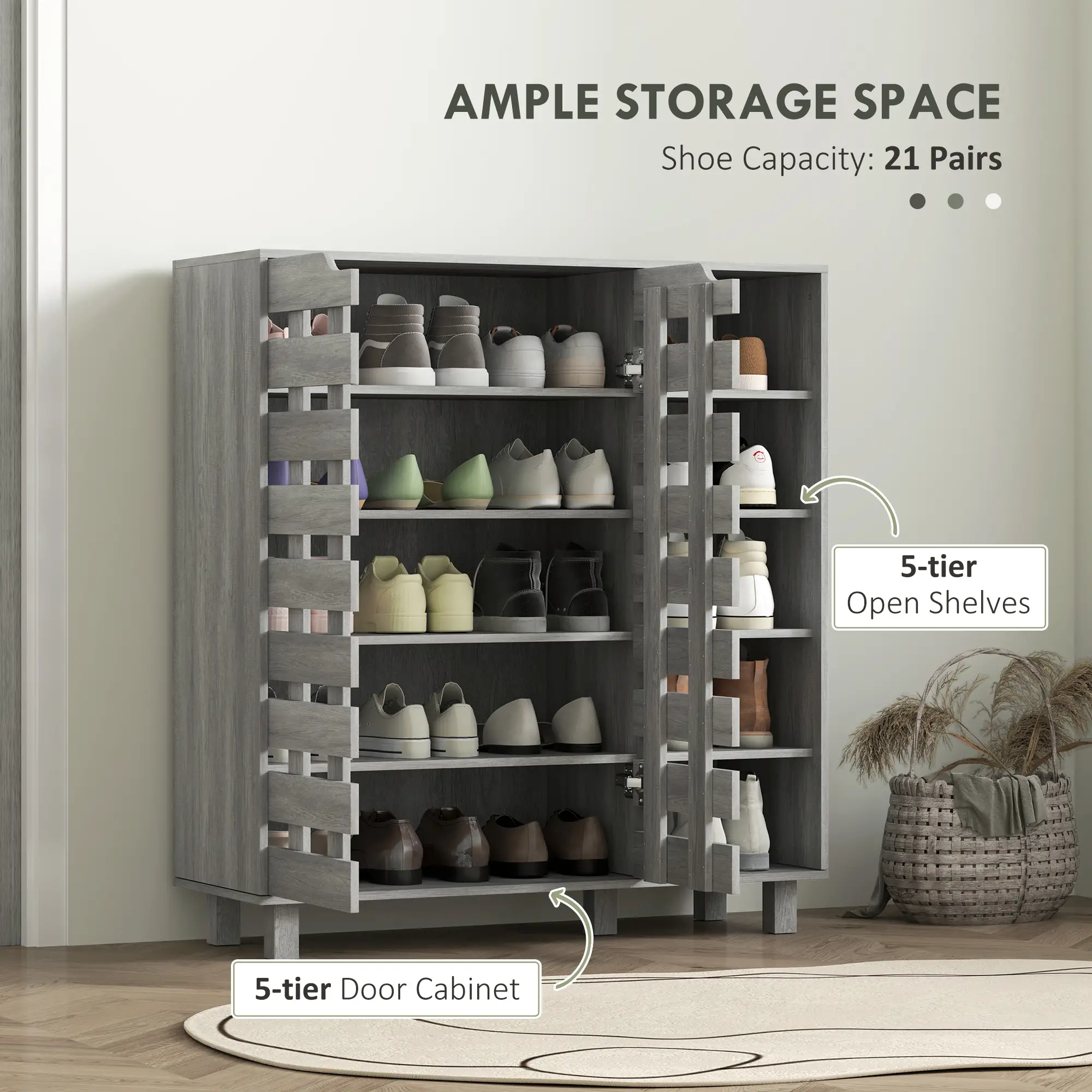 21 Pair Shoe Cabinet, 5-Tier Double Door, Light Grey - Image 5