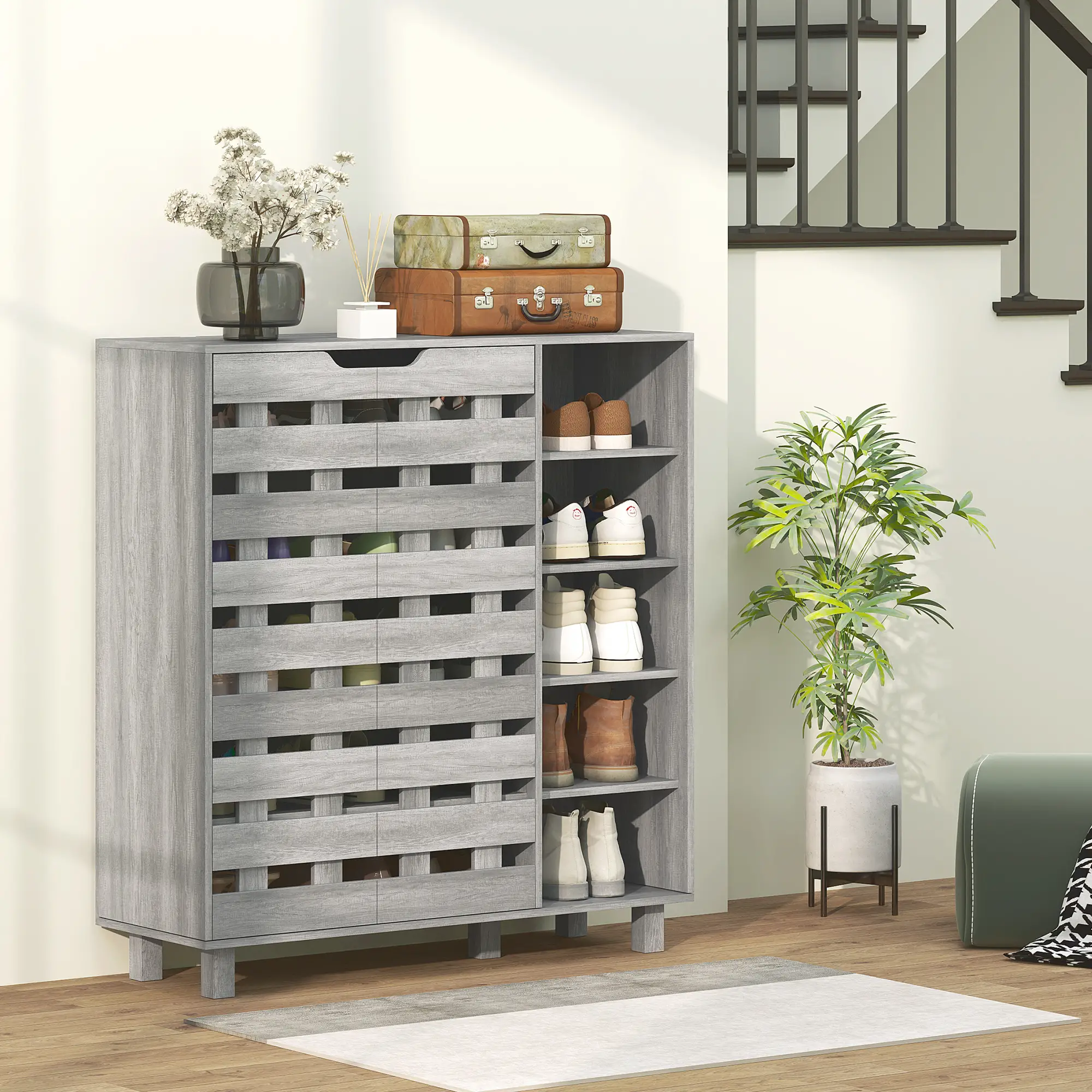 21 Pair Shoe Cabinet, 5-Tier Double Door, Light Grey - Image 8
