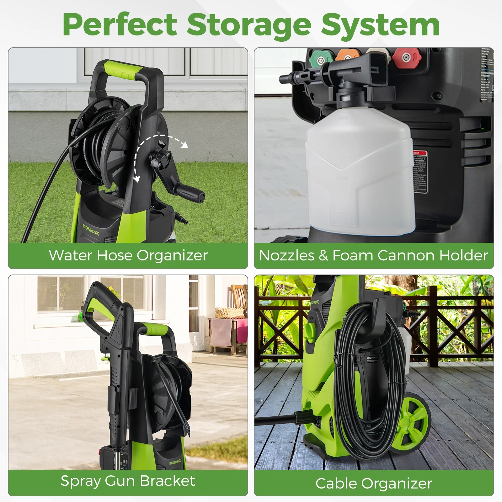 2150 PSI Electric Pressure Washer, 1.2 GPM, 4 Nozzles, Foam Cannon, Green - Image 10