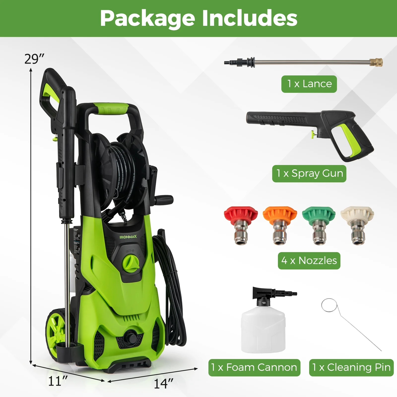 2150 PSI Electric Pressure Washer, 1.2 GPM, 4 Nozzles, Foam Cannon, Green - Image 5