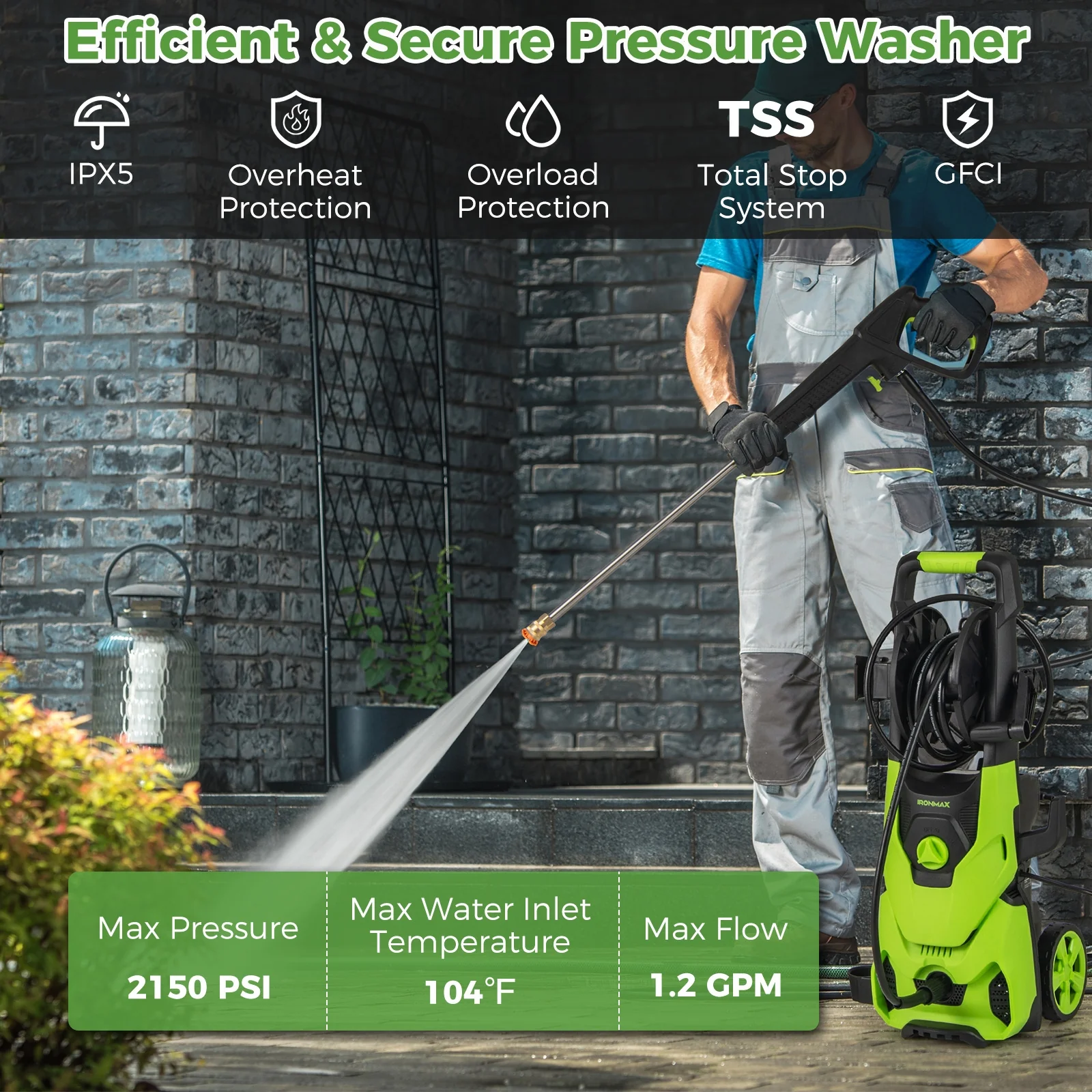 2150 PSI Electric Pressure Washer, 1.2 GPM, 4 Nozzles, Foam Cannon, Green - Image 6