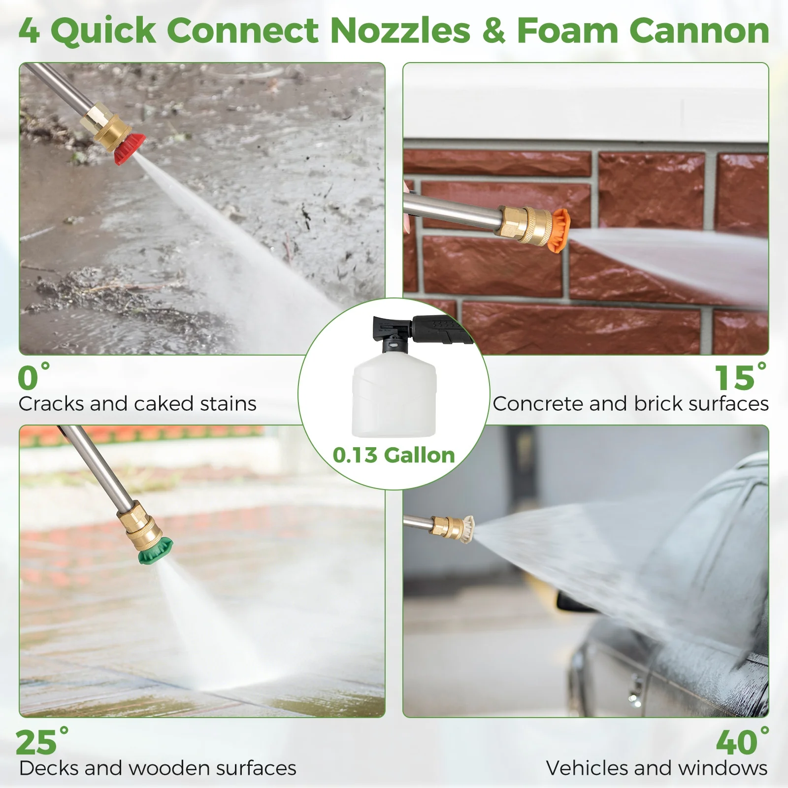2150 PSI Electric Pressure Washer, 1.2 GPM, 4 Nozzles, Foam Cannon, Green - Image 7