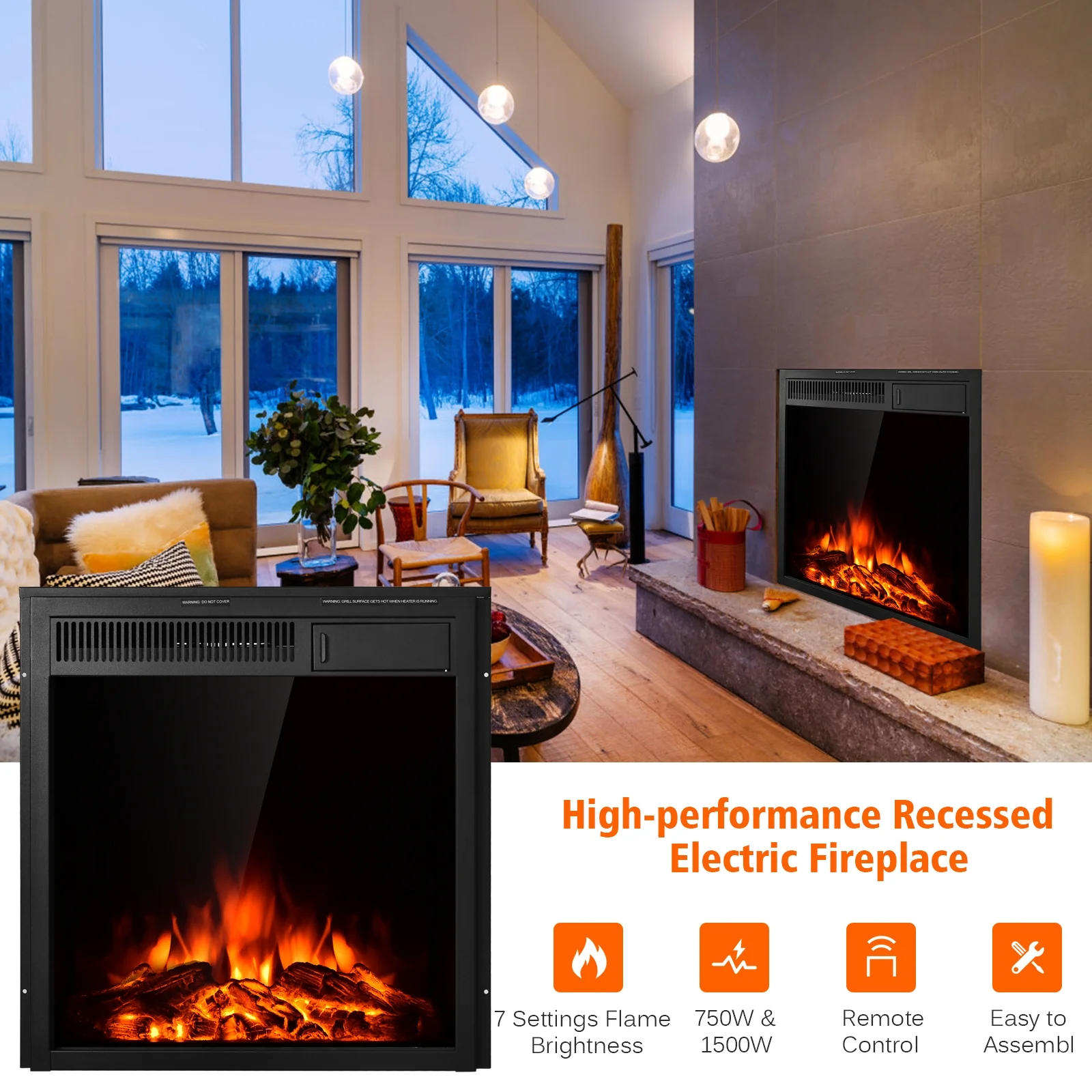 22.5 Inch Electric Fireplace Insert, Freestanding Recessed Heater, Black - Image 8