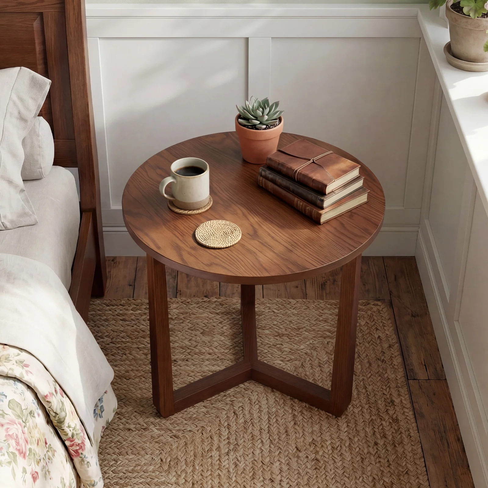 22.5 Inch Round Side Table, Farmhouse End Table, Walnut - Image 2