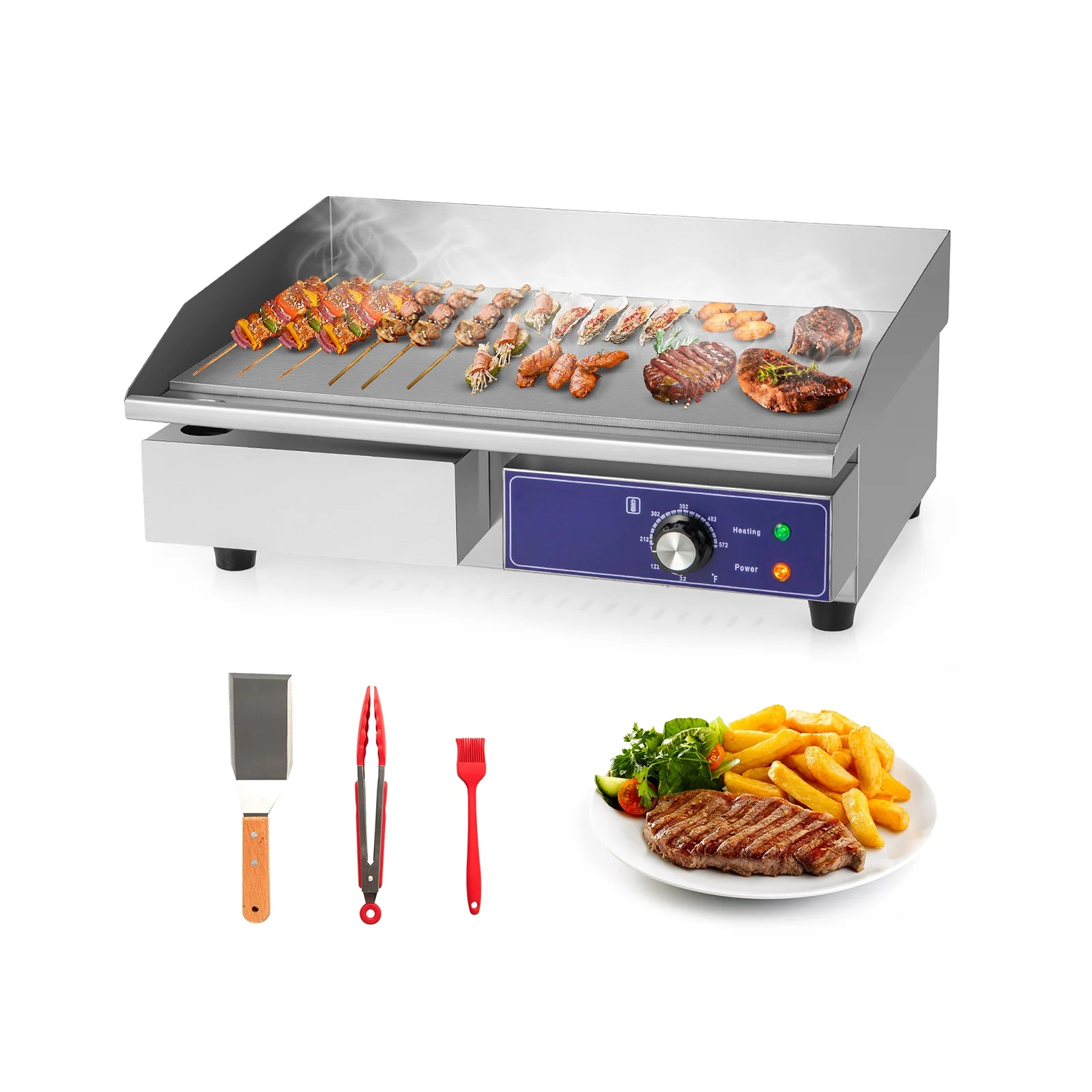 22 Inch Countertop Electric Griddle 2000W 110V Commercial Stainless Steel Grill, Silver