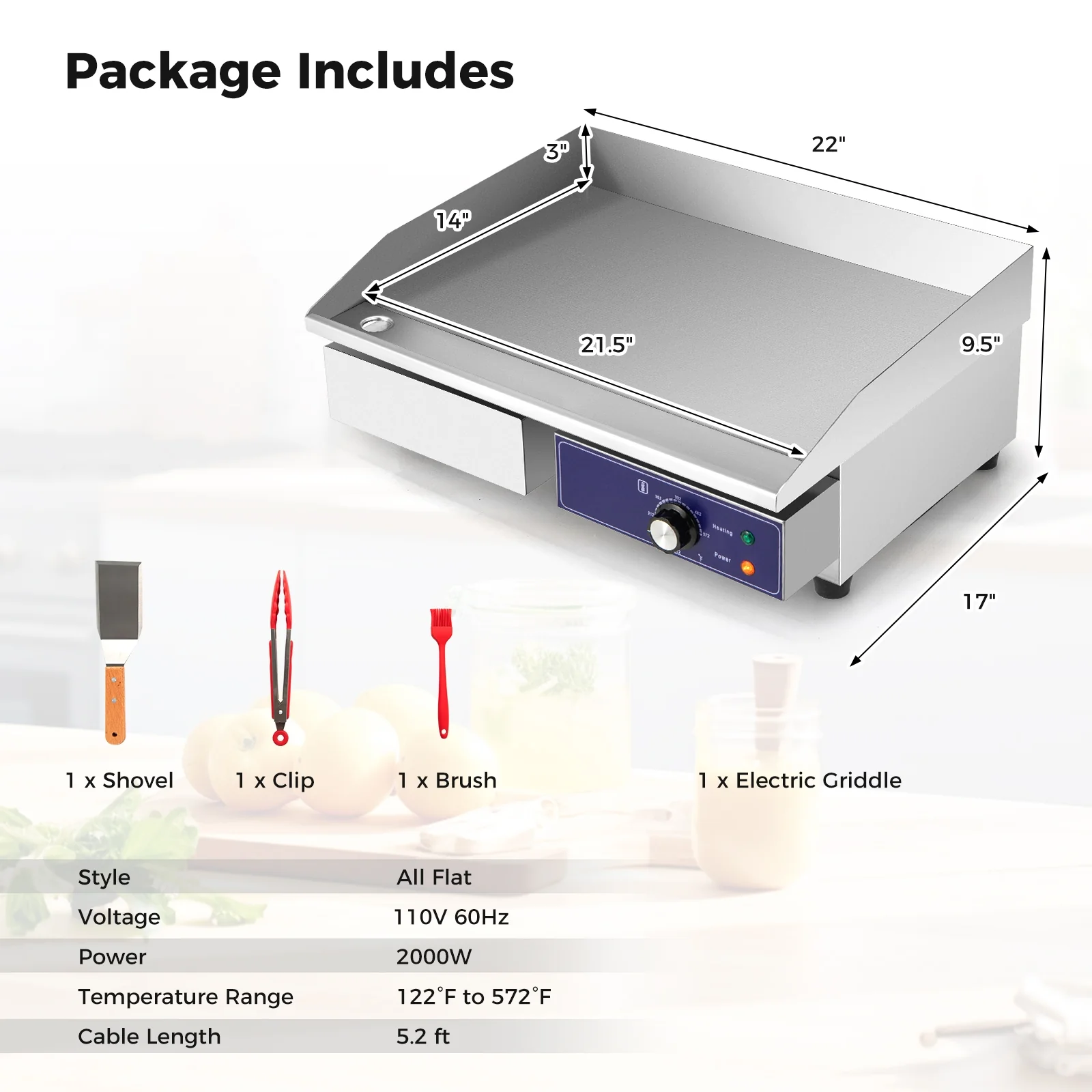 22 Inch Countertop Electric Griddle 2000W 110V Commercial Stainless Steel Grill, Silver - Image 5