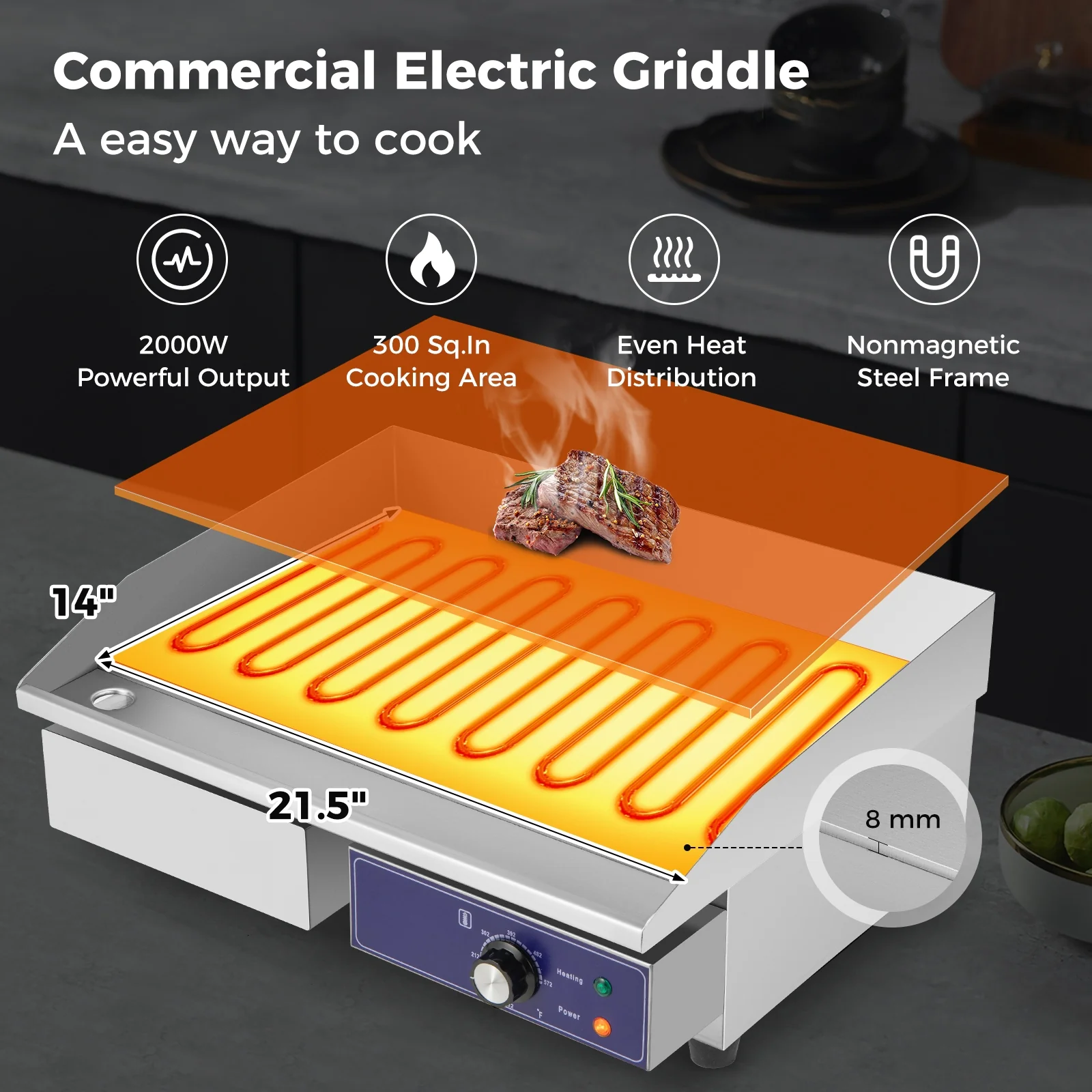 22 Inch Countertop Electric Griddle 2000W 110V Commercial Stainless Steel Grill, Silver - Image 7
