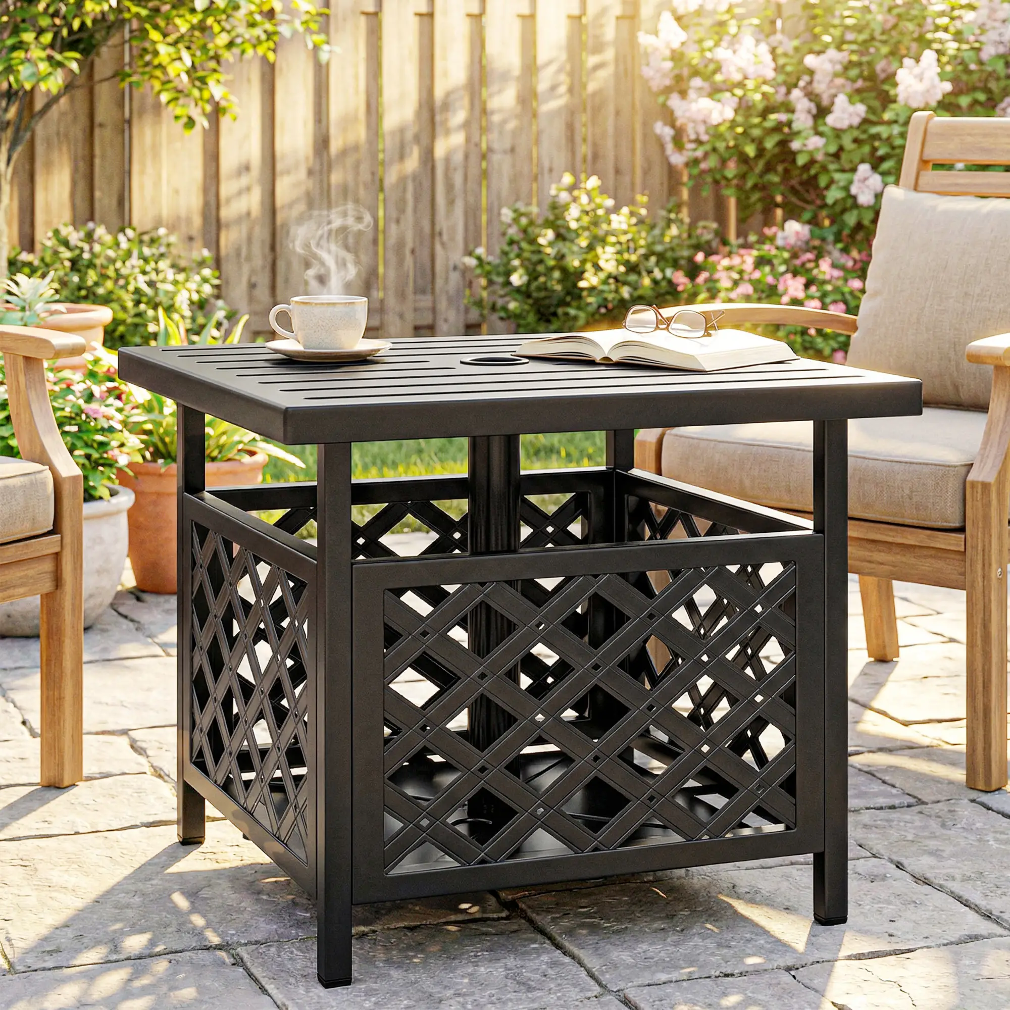 22" Outdoor Coffee Table, Metal Top, Slatted, Black - Image 10