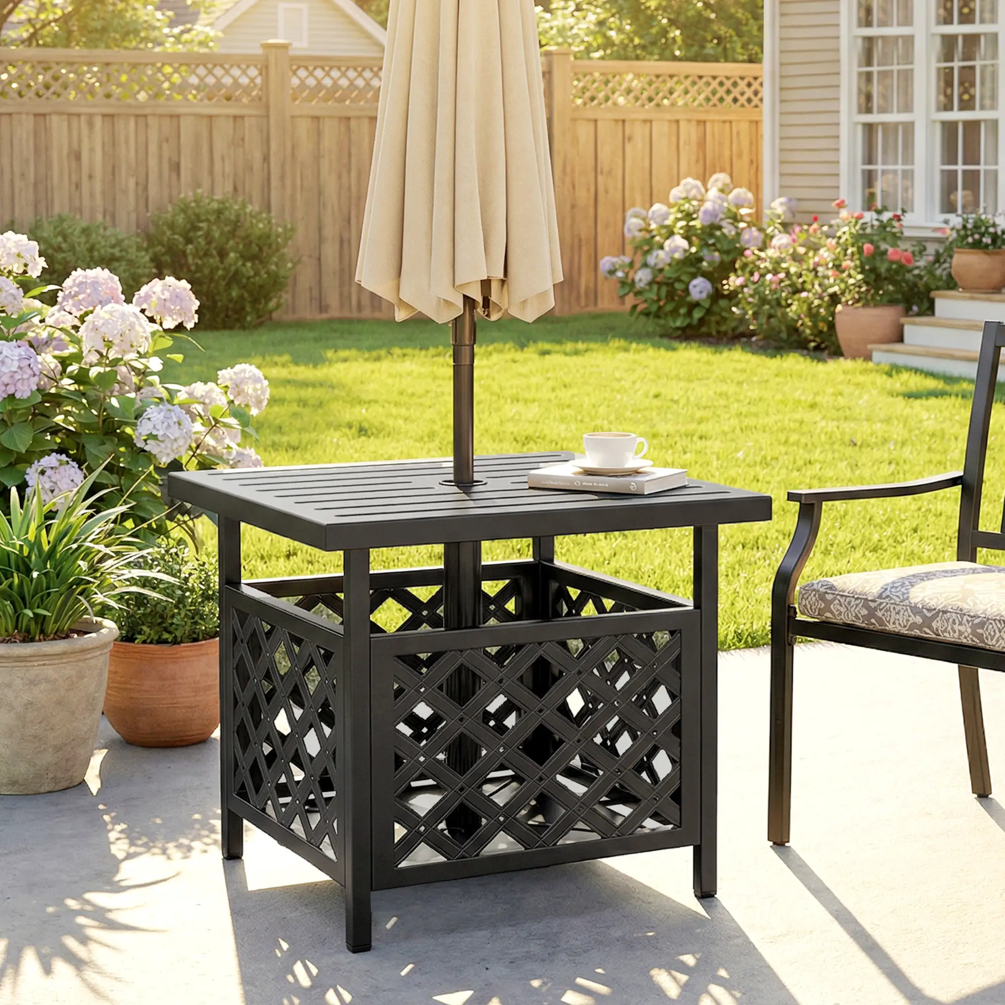 22" Outdoor Coffee Table, Metal Top, Slatted, Black - Image 2