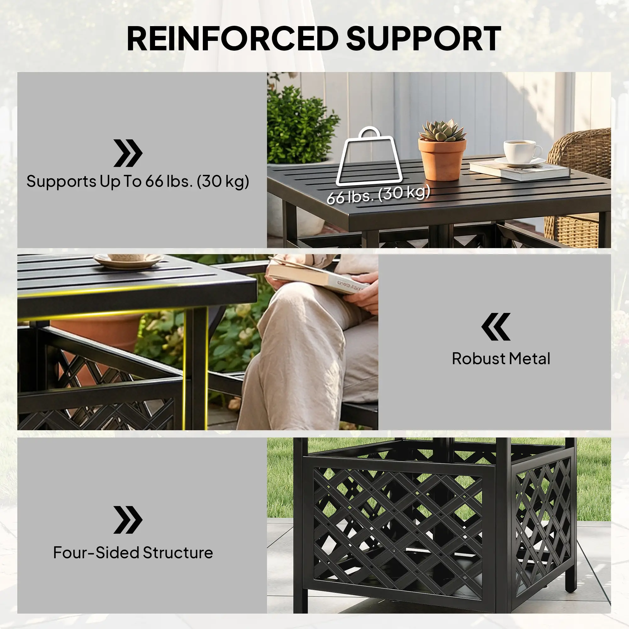 22" Outdoor Coffee Table, Metal Top, Slatted, Black - Image 6