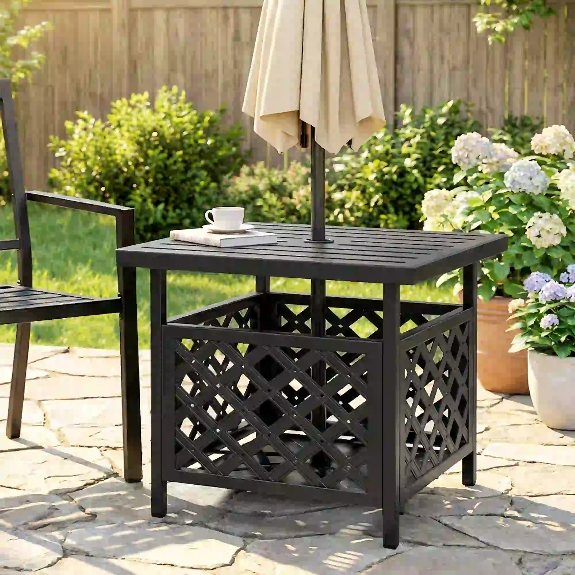 22" Outdoor Coffee Table, Metal Top, Slatted, Black - Image 8