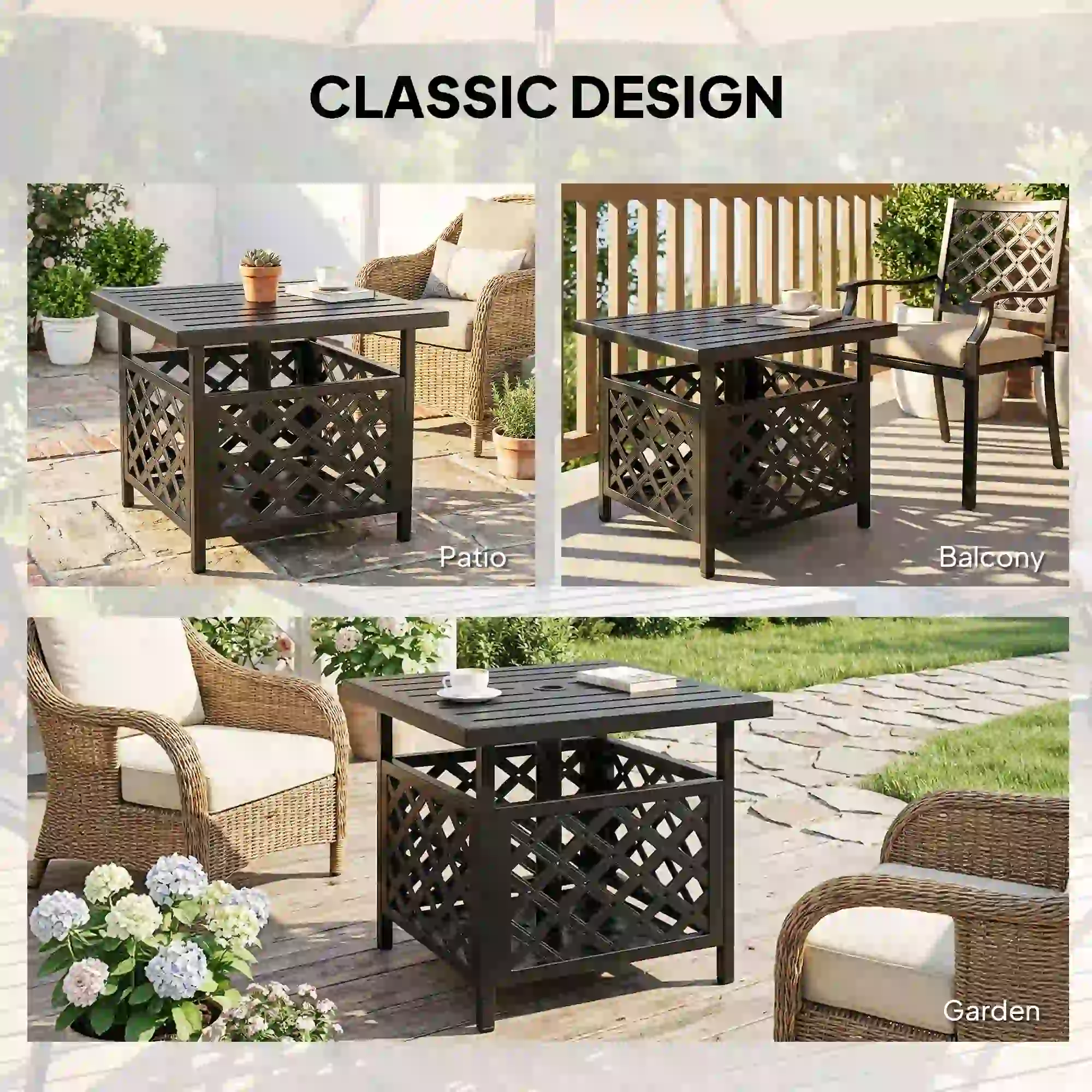 22" Outdoor Coffee Table, Metal Top, Slatted, Black - Image 9